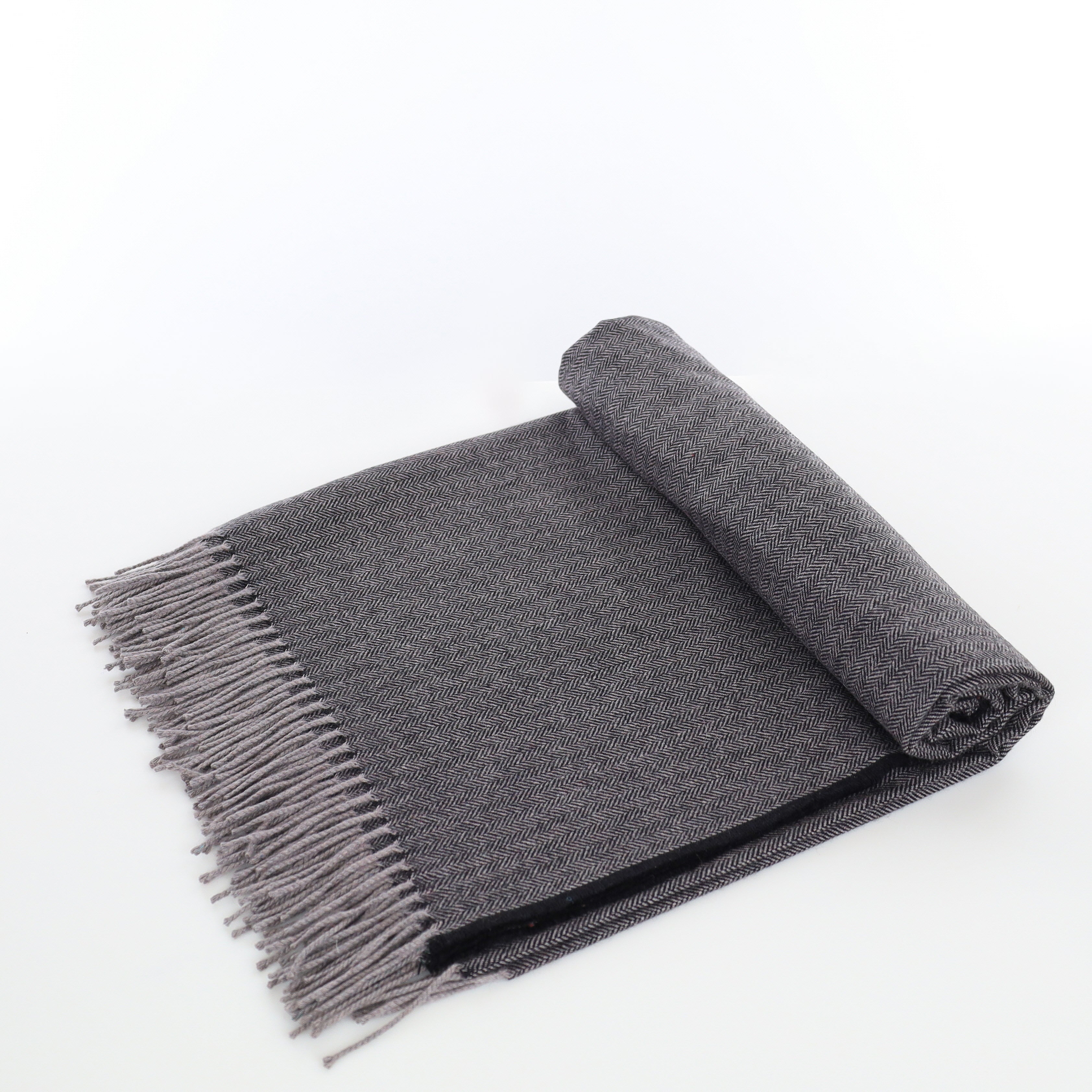 Brand New English Black and Grey Herringbone Luxury Woven Cashmere Blanket