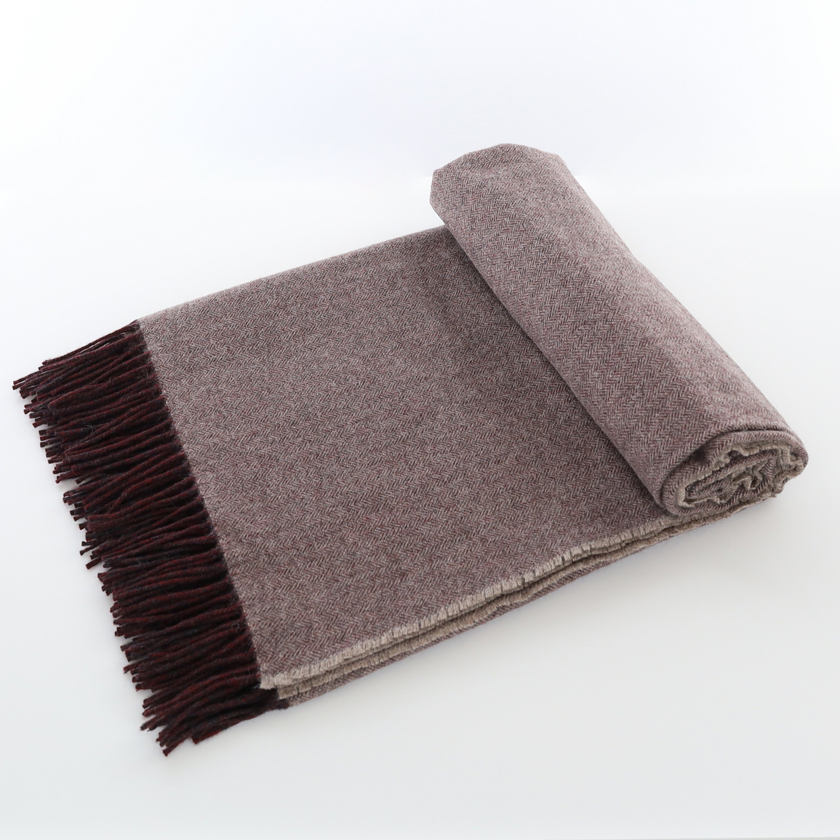 Brand New English Mink and Cedar Brown Herringbone Luxury Woven Cashmere Blanket