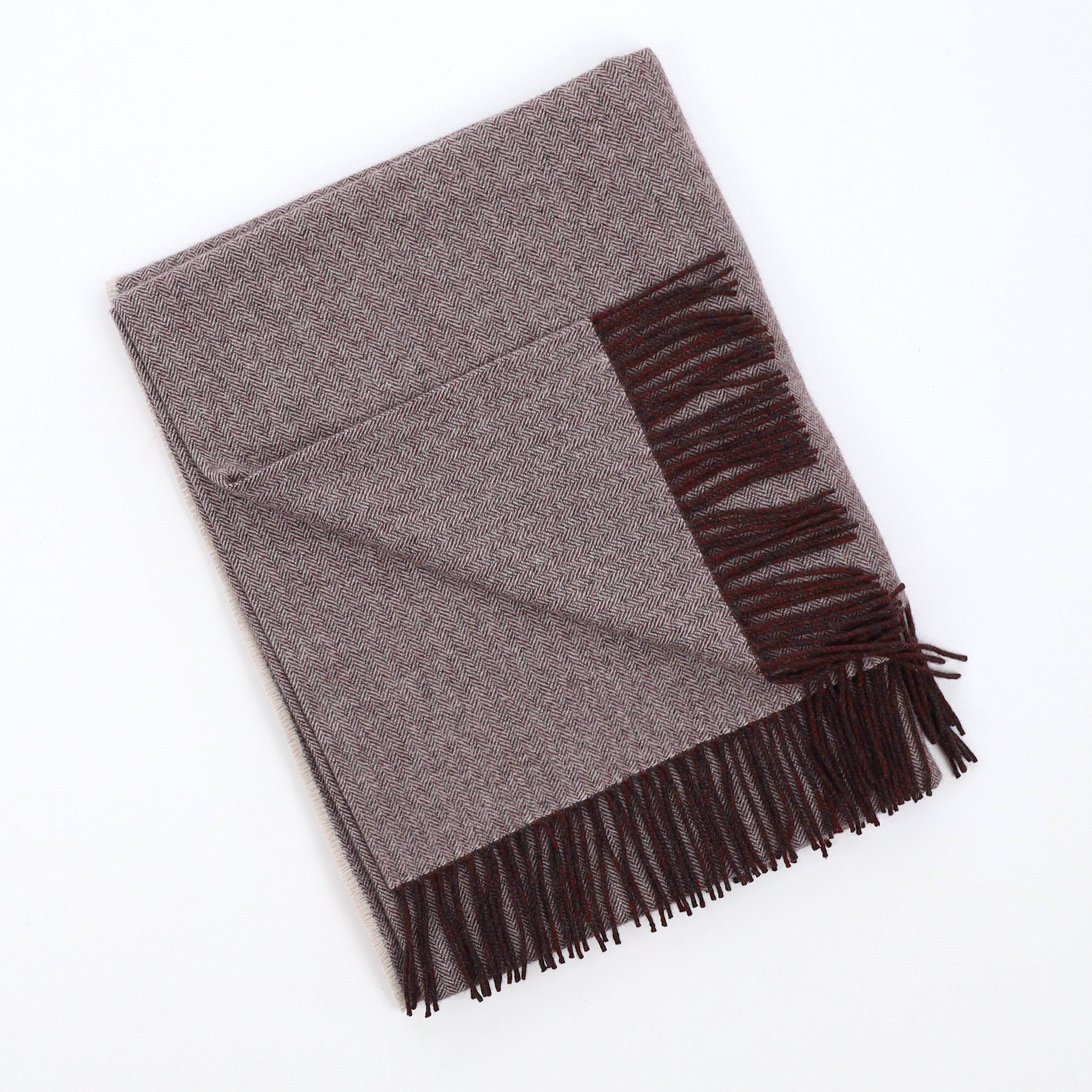 Brand New English Cedar Brown and Dove Grey Herringbone Luxury Woven Cashmere Blanket