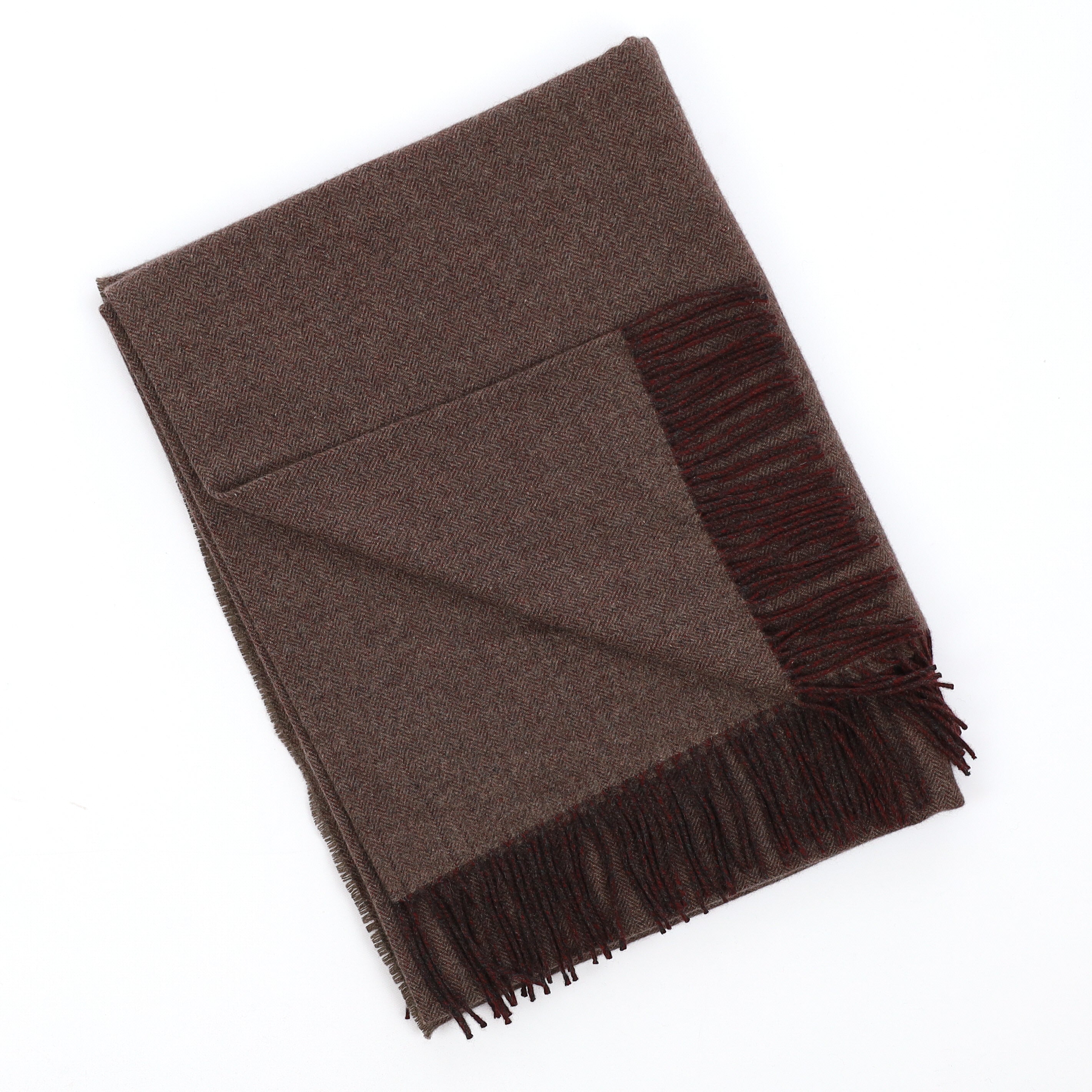 Brand New English Cedar Brown and Mole Herringbone Luxury Woven Cashmere Blanket