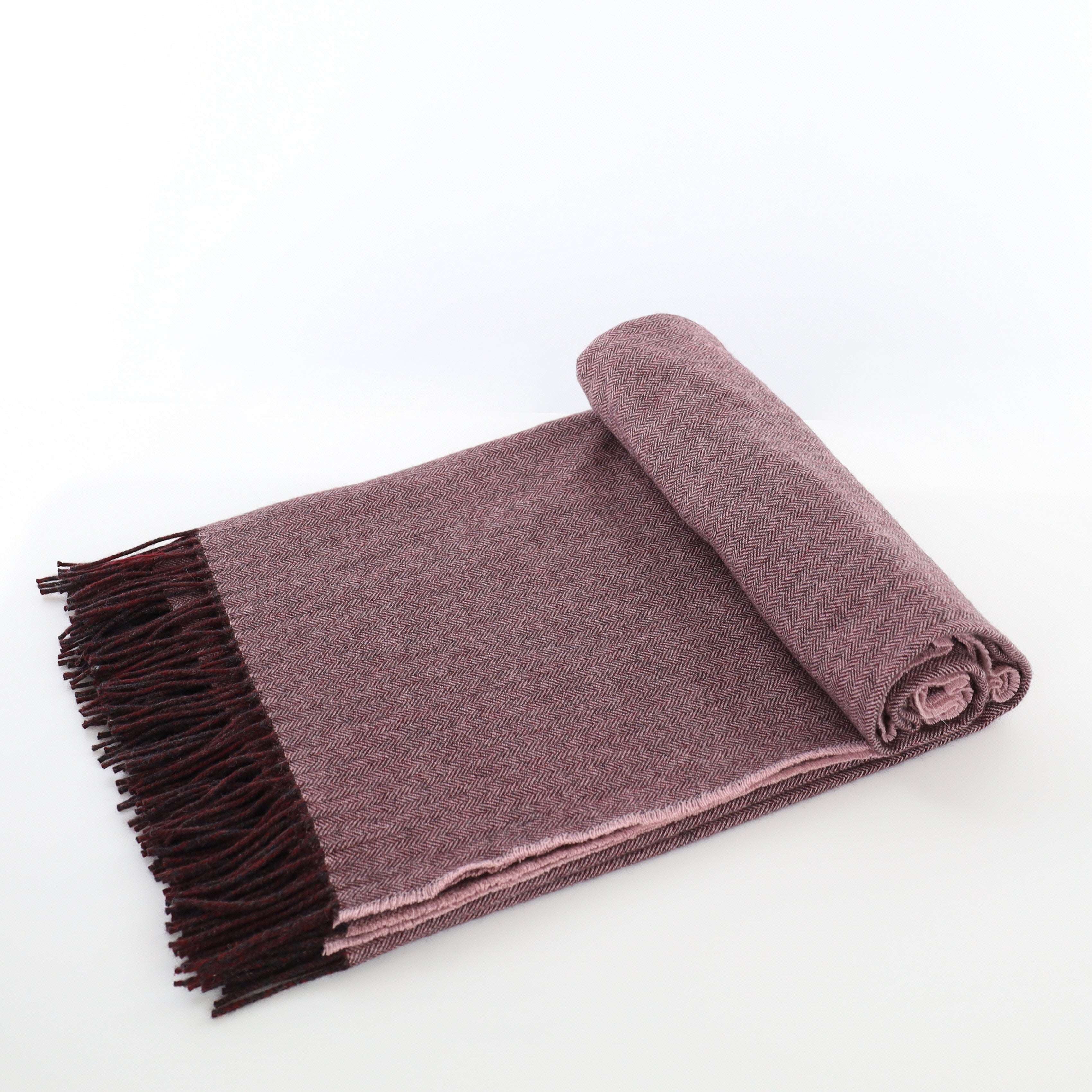 Brand New English Dusky Pink and Cedar Brown Herringbone Luxury Woven Cashmere Blanket