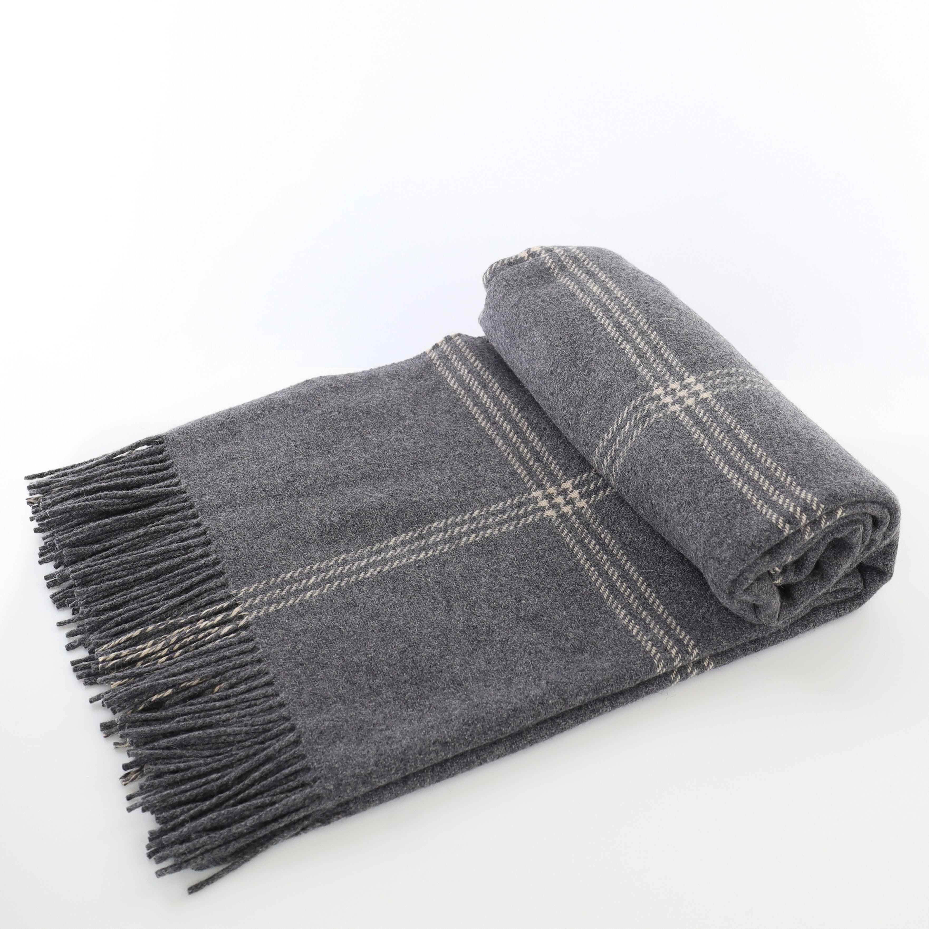 Brand New English Slate Grey and Ivory Checked Luxury Woven Cashmere Blanket