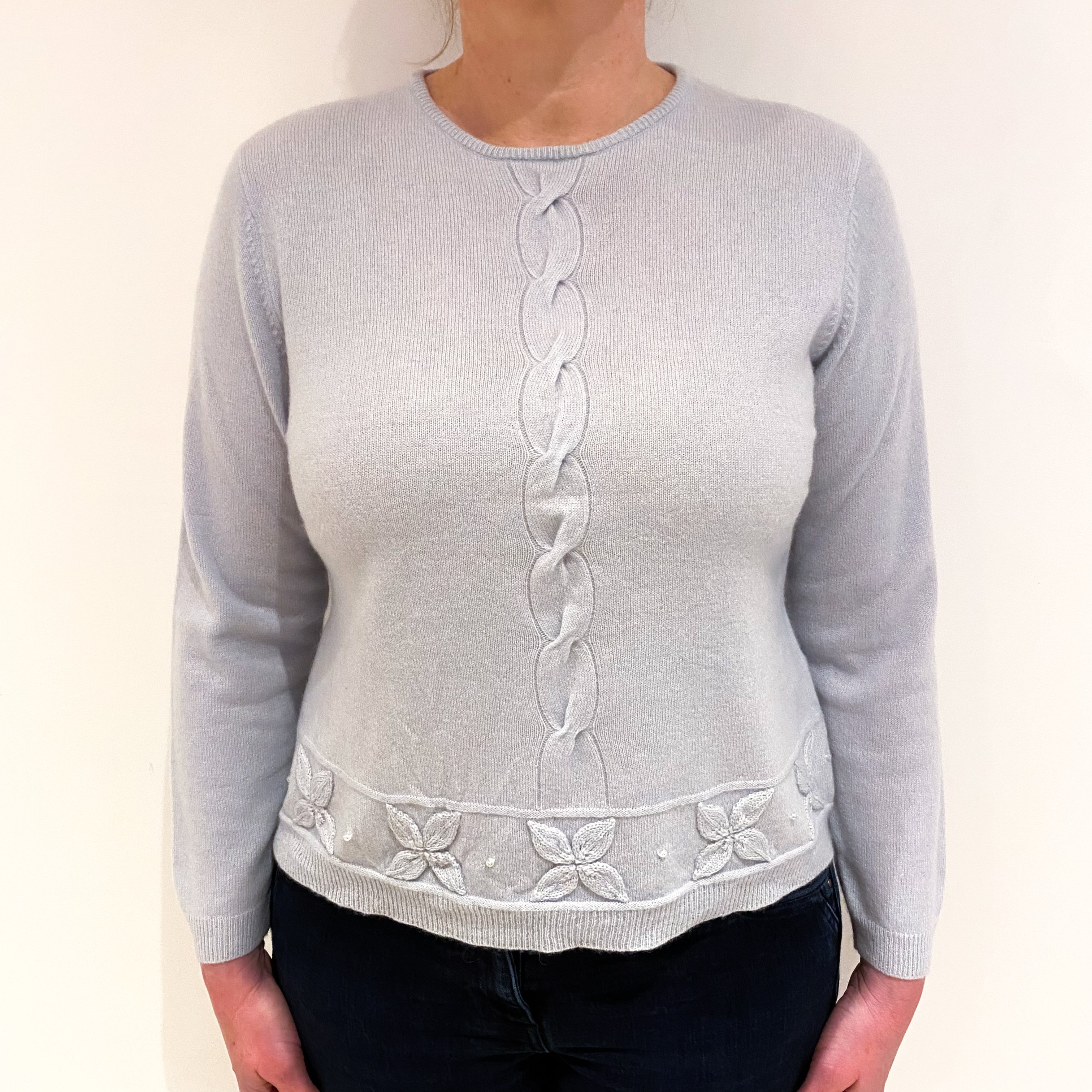 Ice Blue Textured Detail Cashmere Crew Neck Jumper Large