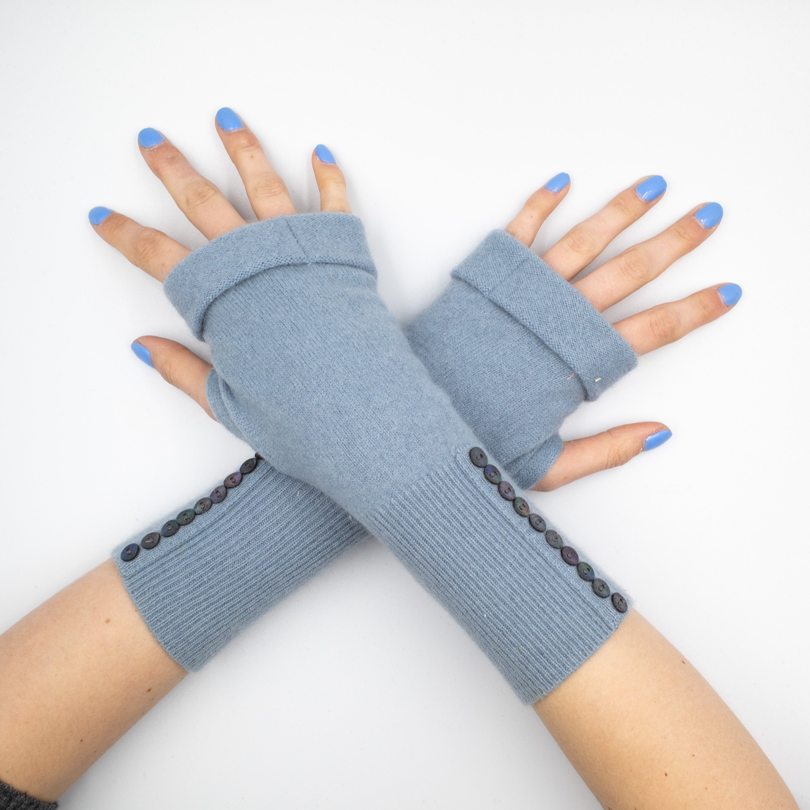 Dusky Blue Grey Fingerless Gloves Striped