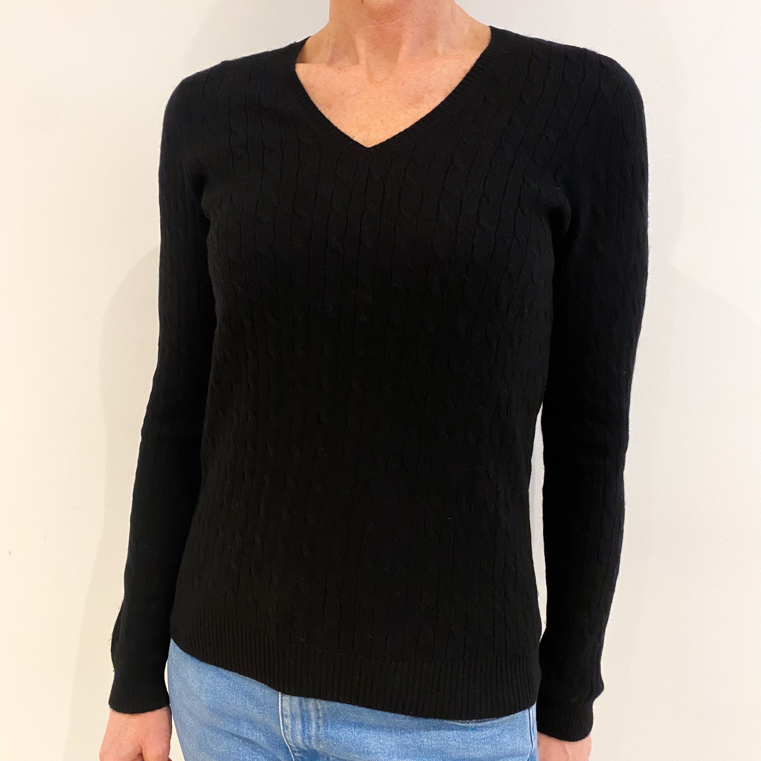 Black Cable Cashmere V Neck Jumper Small