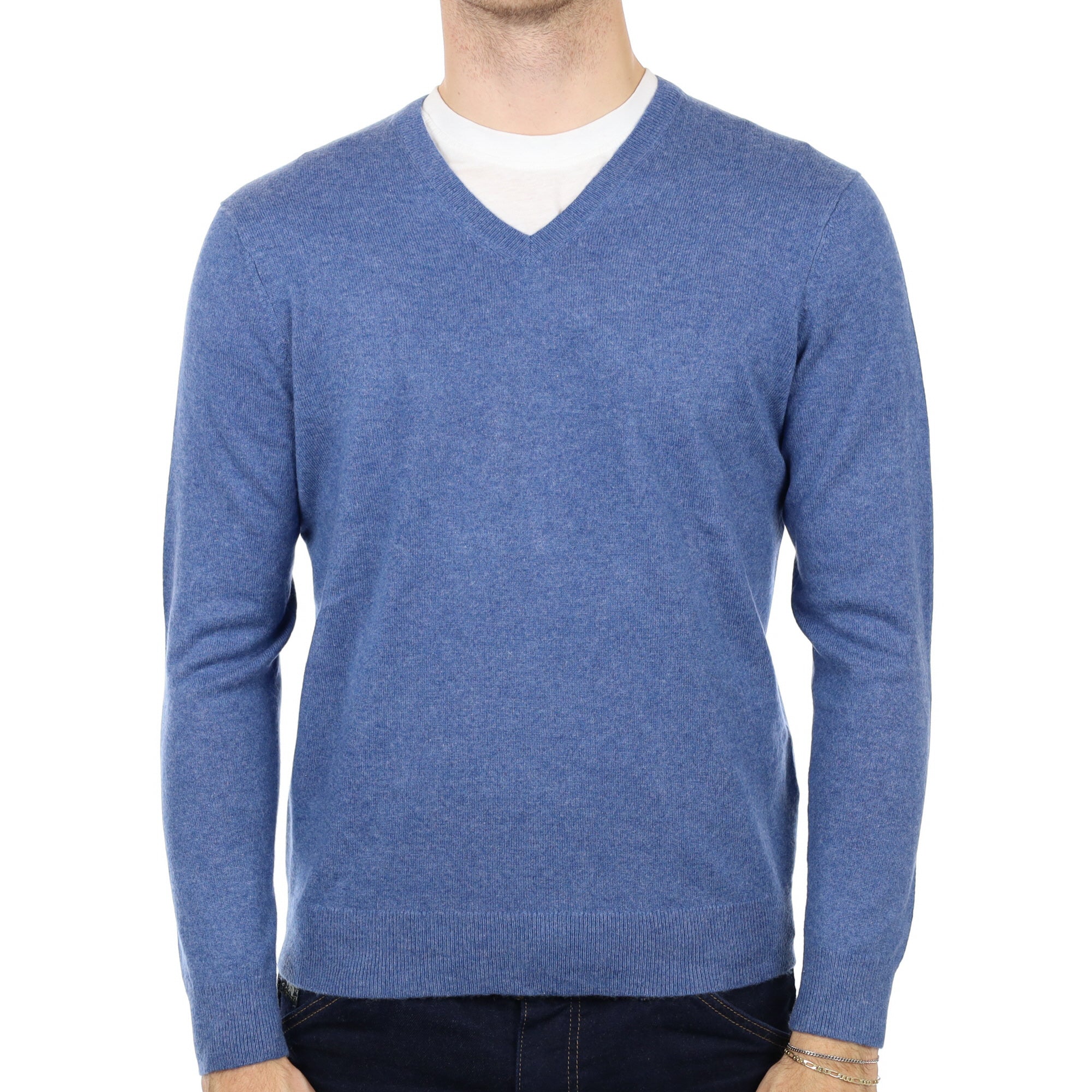 Men's Denim Blue Cashmere V Neck Jumper Medium