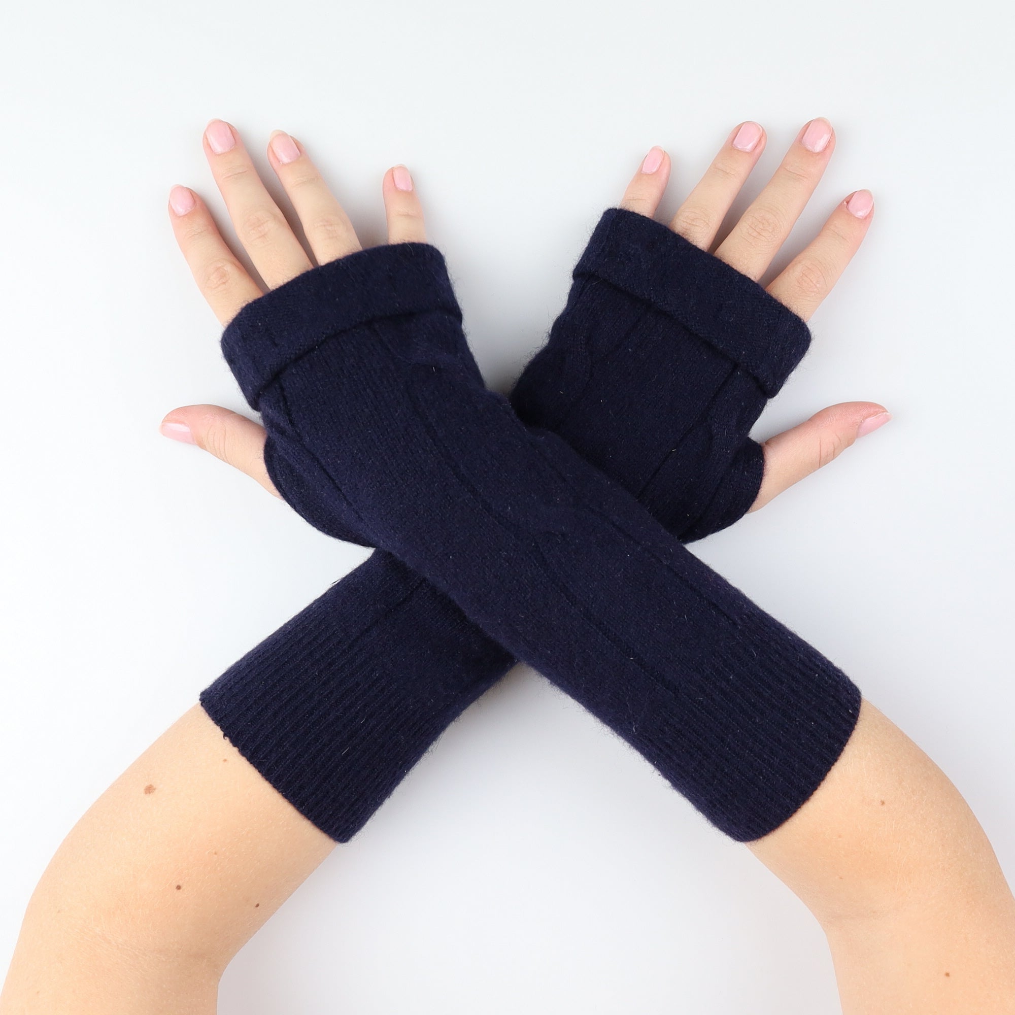 Navy Blue Cable Fingerless Gloves