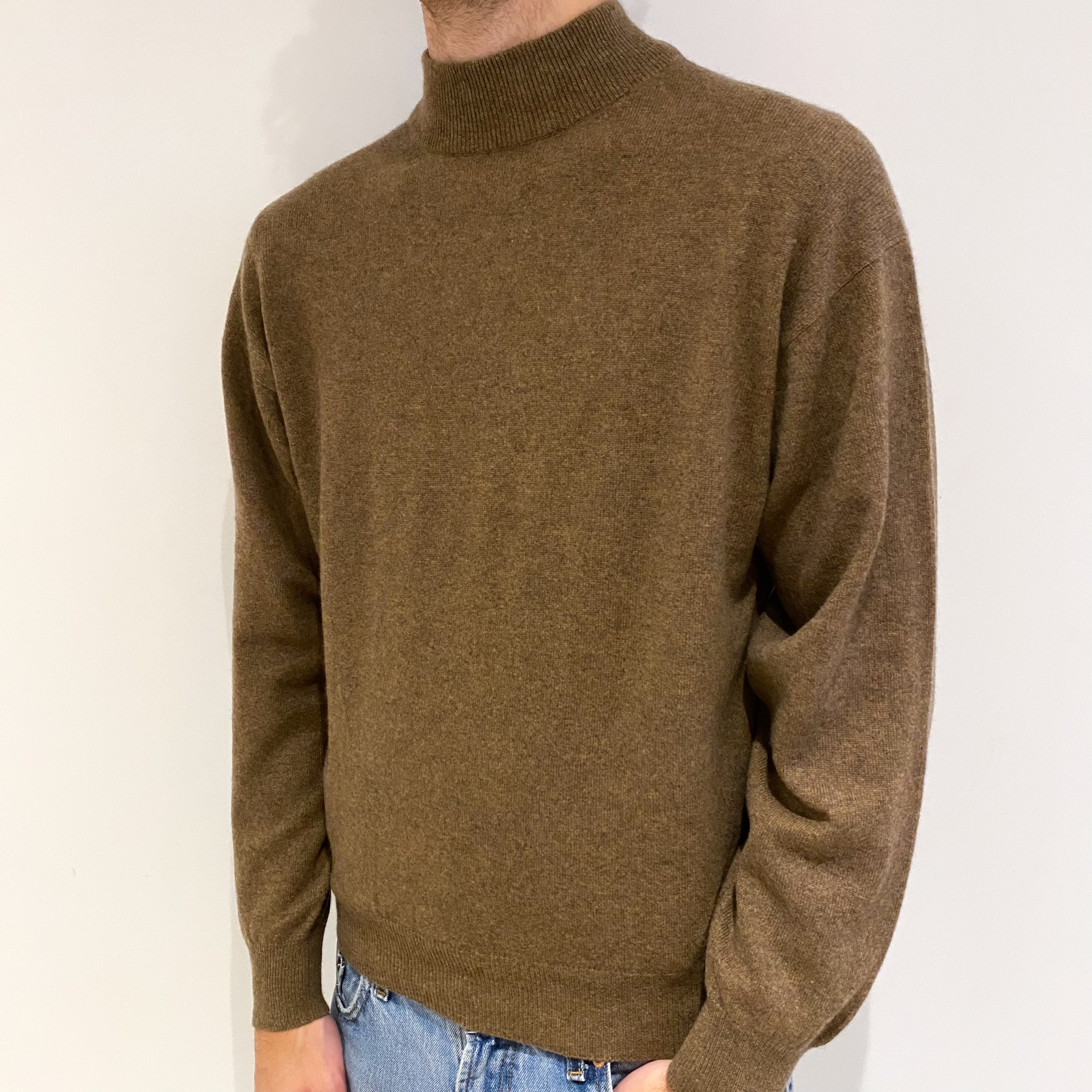 Men's Camel Brown Marl Cashmere Turtle Neck Jumper Large