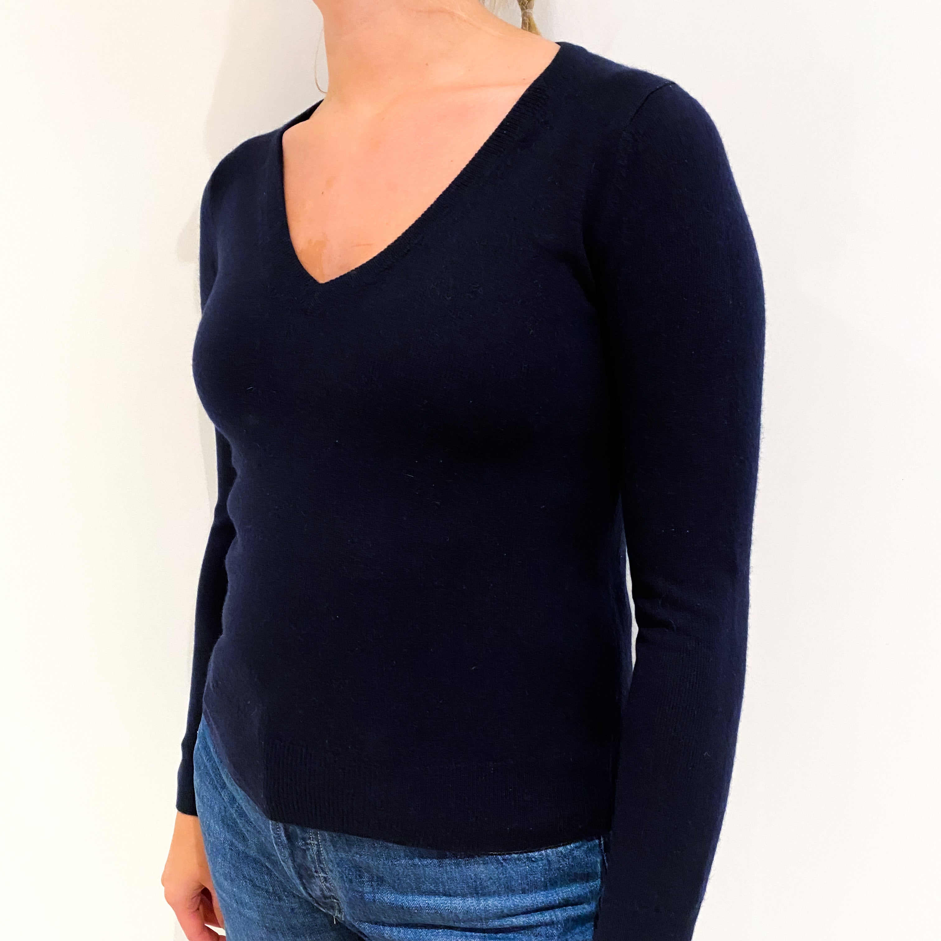 Dark Navy Cashmere V-Neck Jumper Small