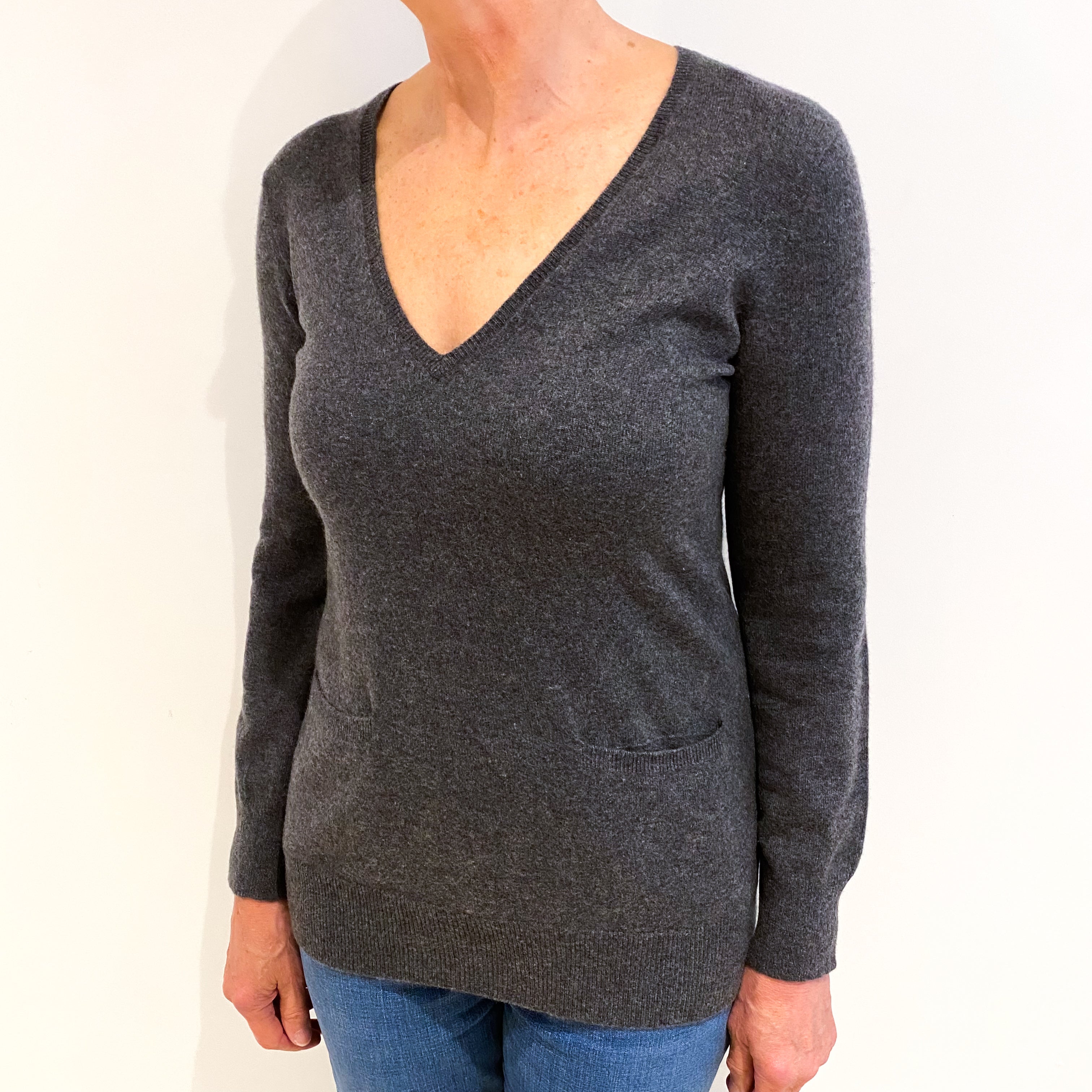 Slate Grey Cashmere V Neck Longline Jumper With Pockets Medium