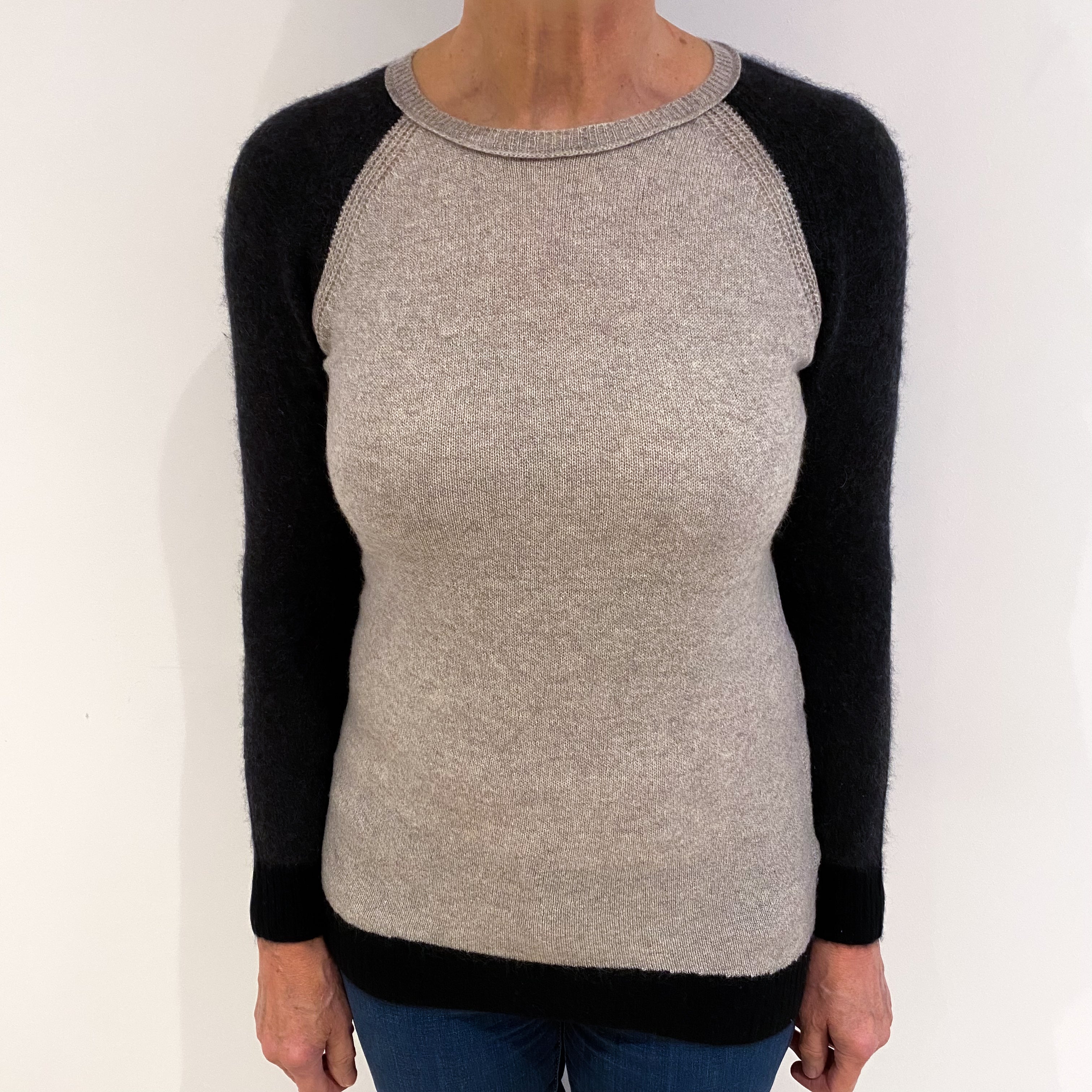Fawn and Charcoal Cashmere Crew Neck Jumper Medium