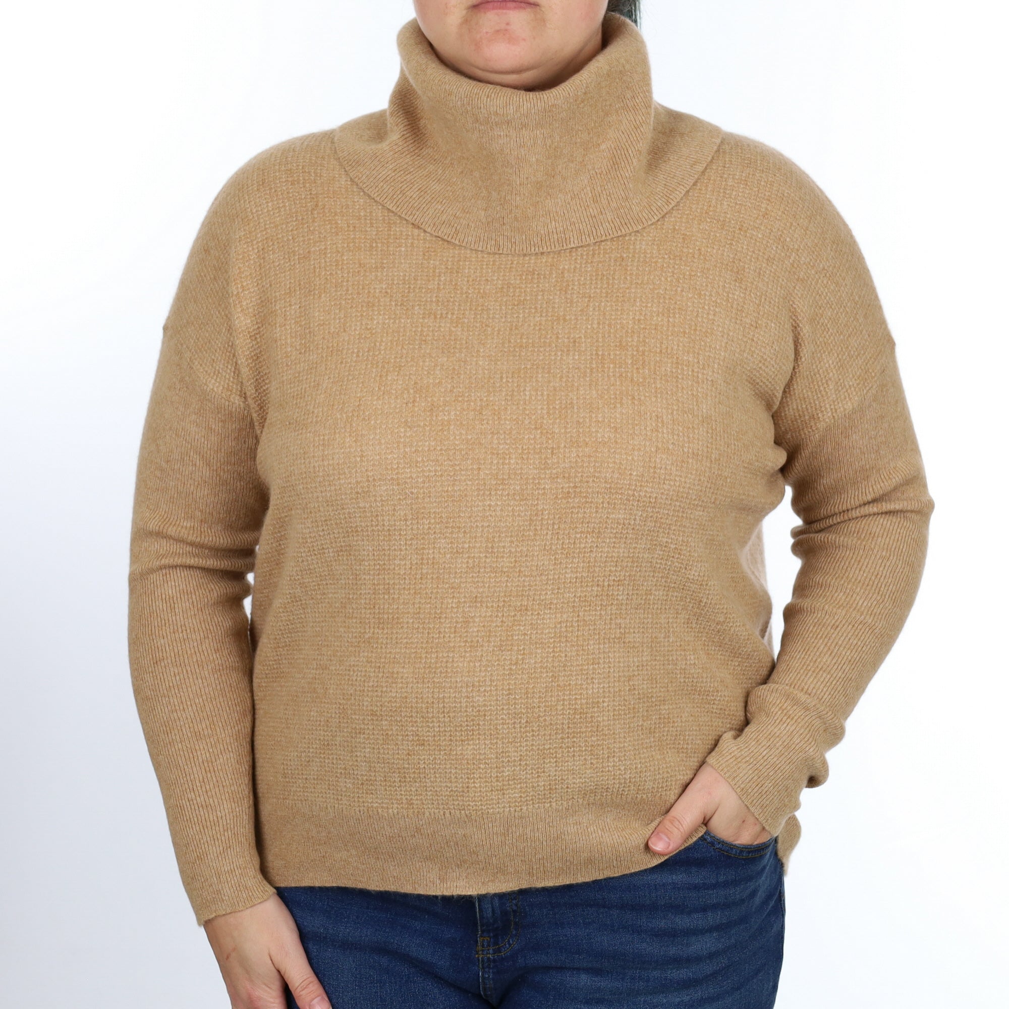 Caramel Brown Waffle Cashmere Cowl Neck Jumper Large