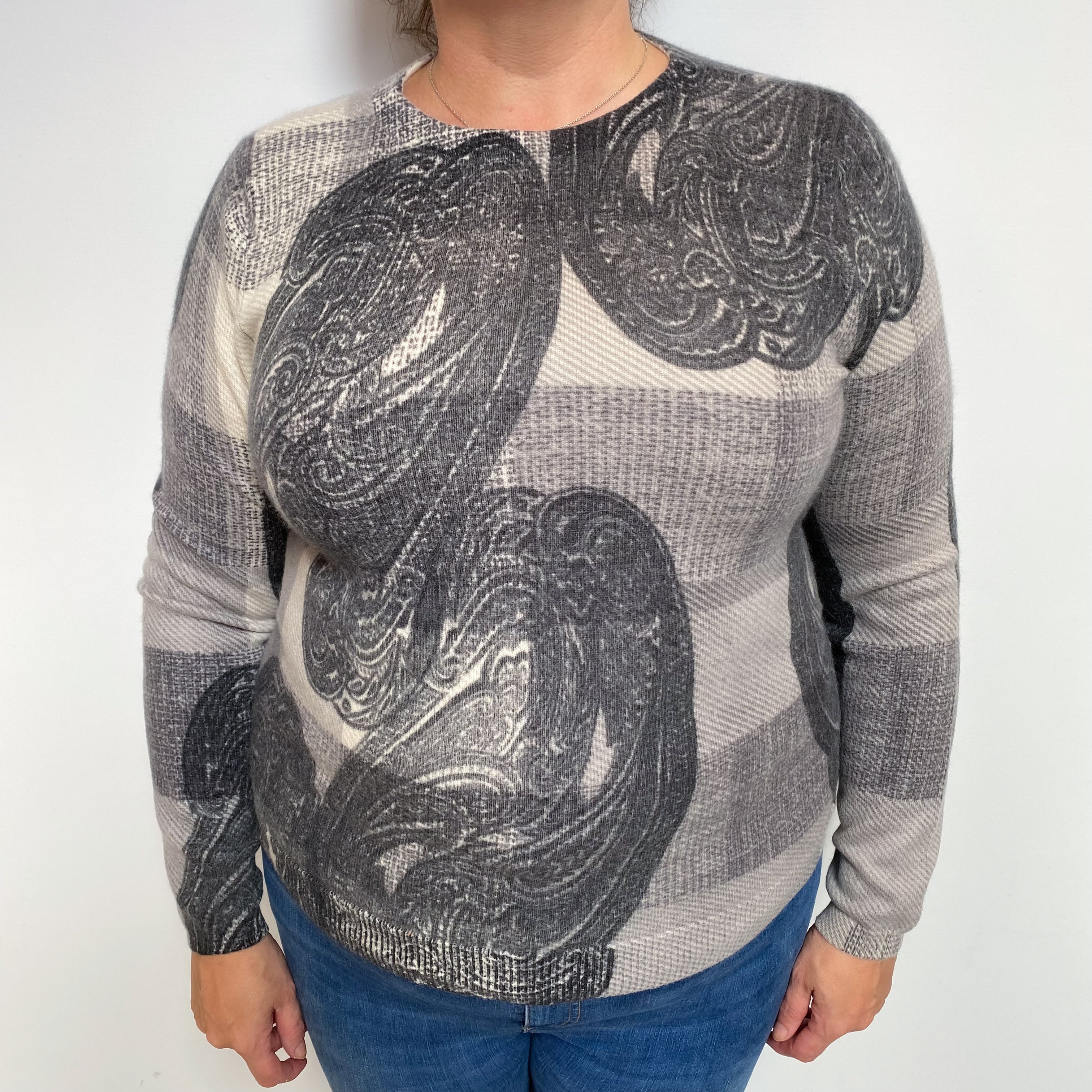 Grey Paisley Checked Cashmere Crew Neck Jumper Extra Large