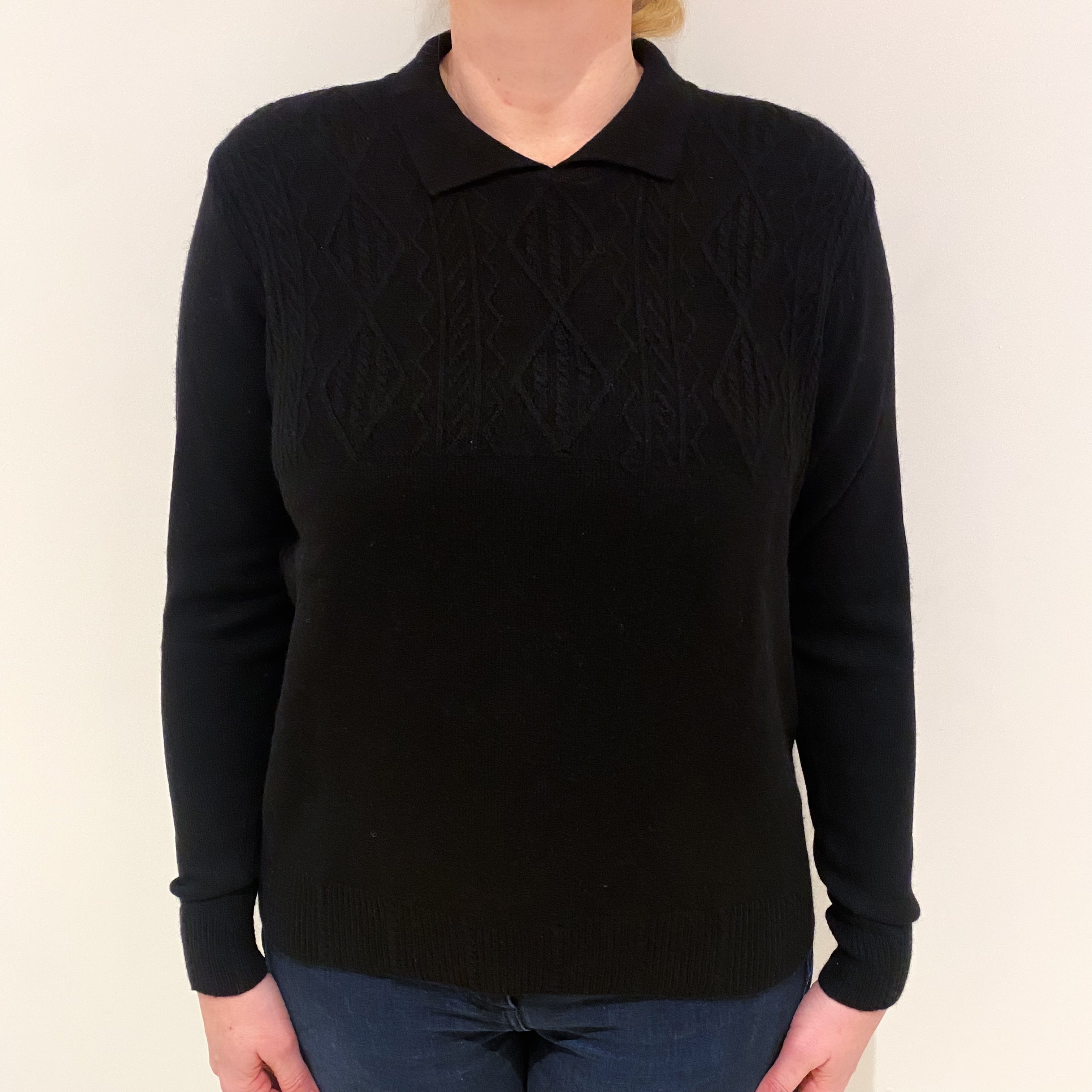 Black Detailed Cashmere Collared Jumper Large