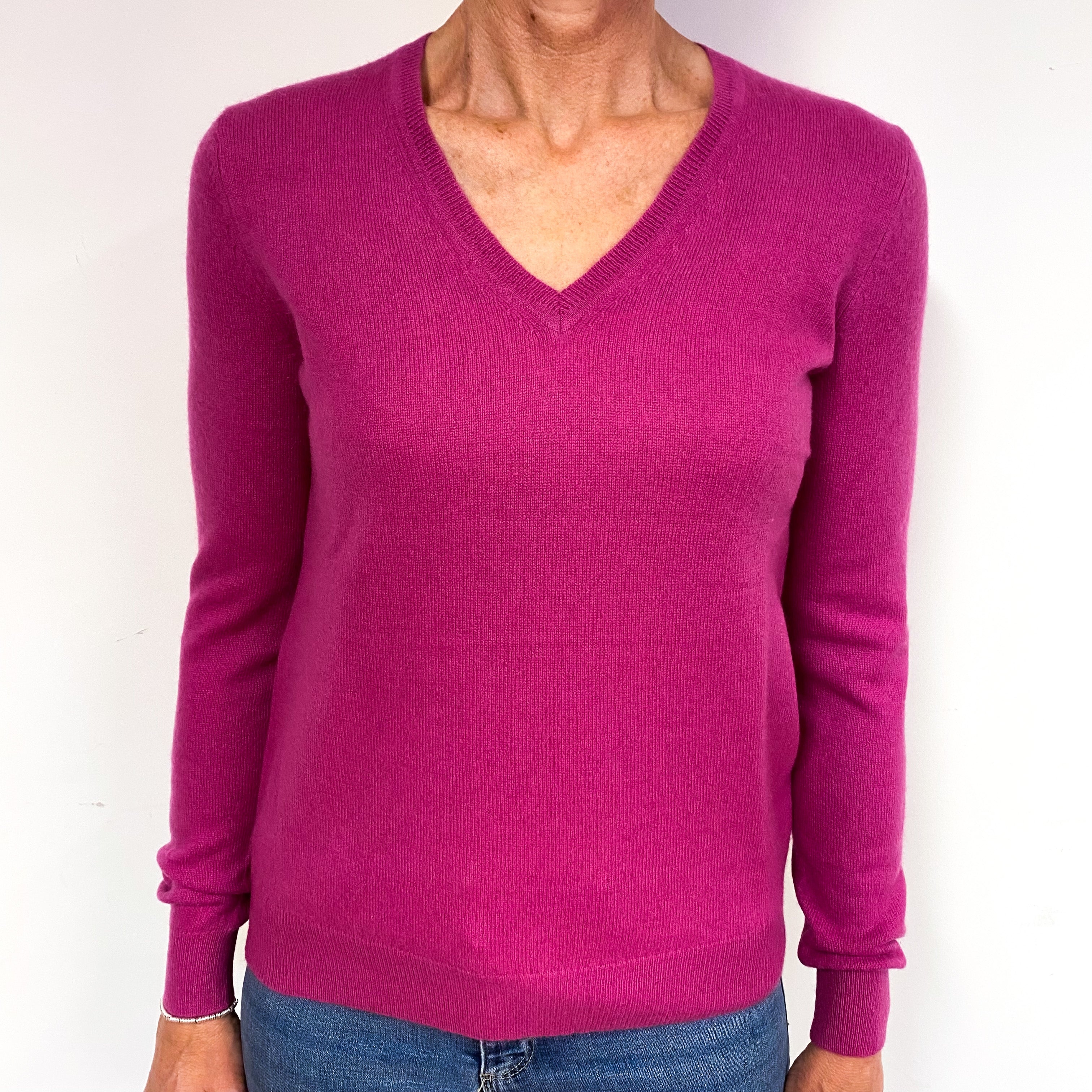 Magenta Pink Cashmere V-Neck Jumper Medium
