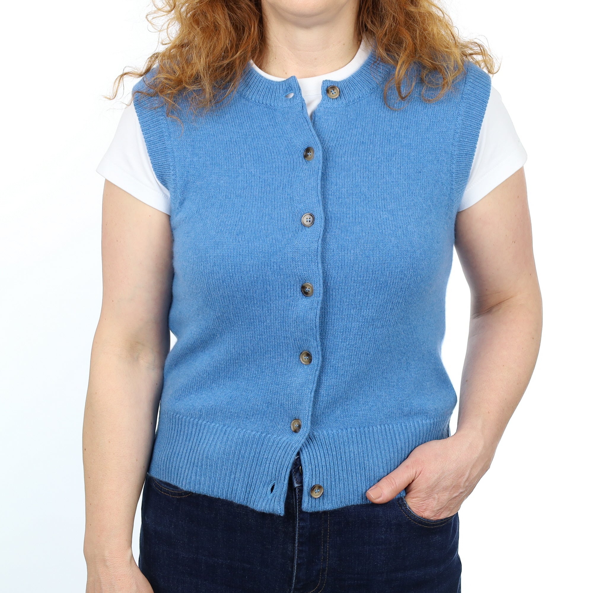 Brand New Mediterranean Blue Luxury Cashmere Crew Neck Waistcoat Medium UK 12-14