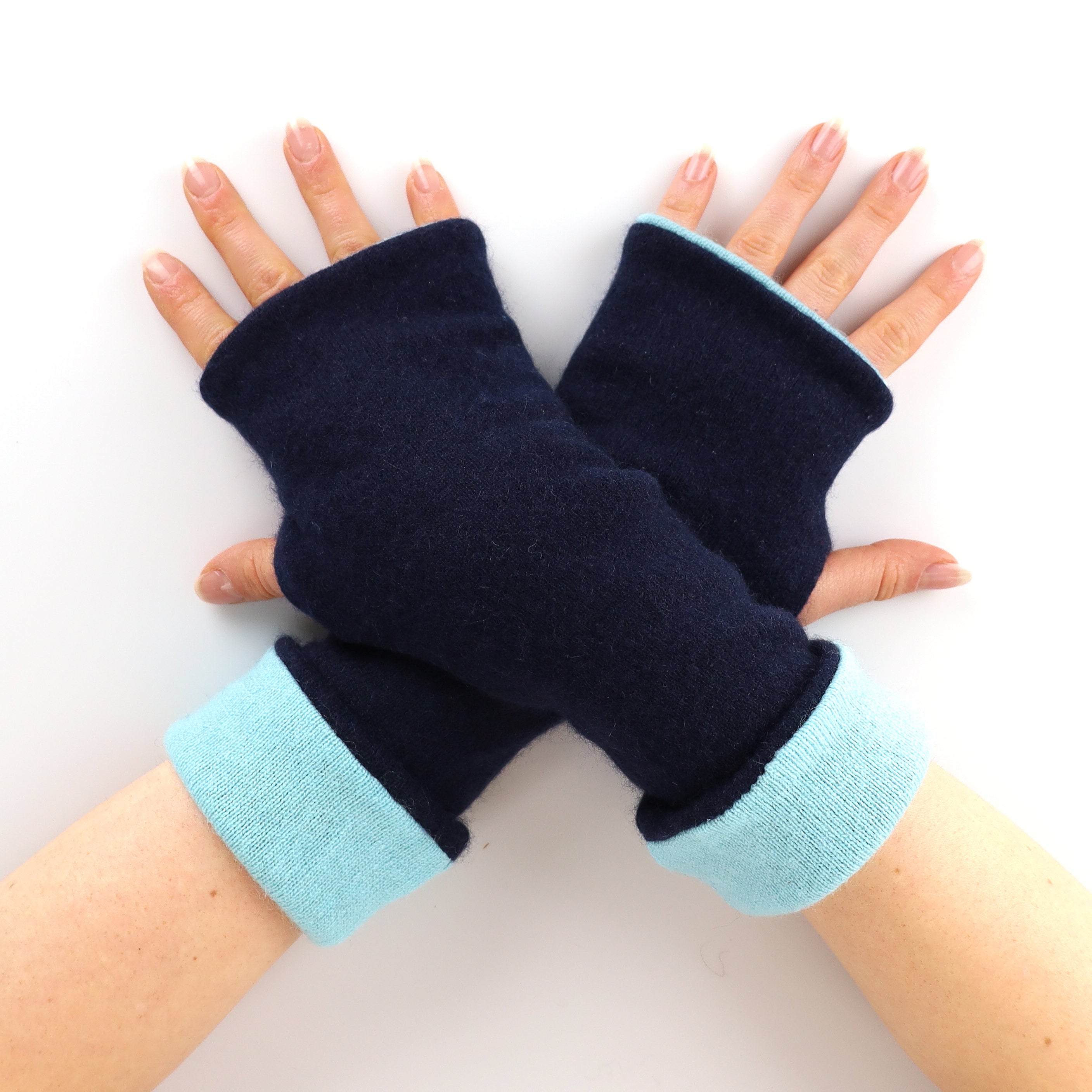 Navy Blue and Green Reversible Fingerless Gloves