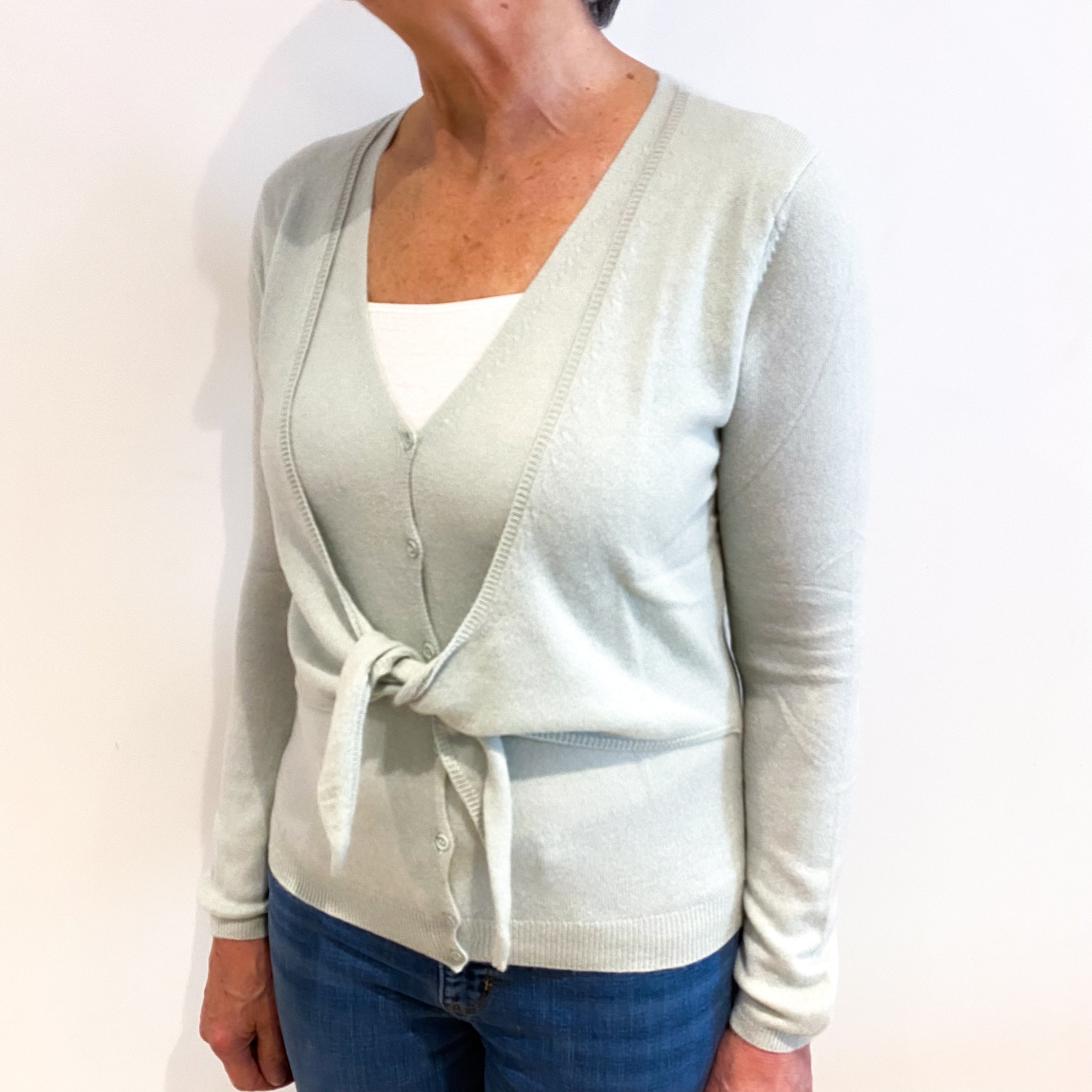 Palest Green V Neck Tie Cardigan Medium