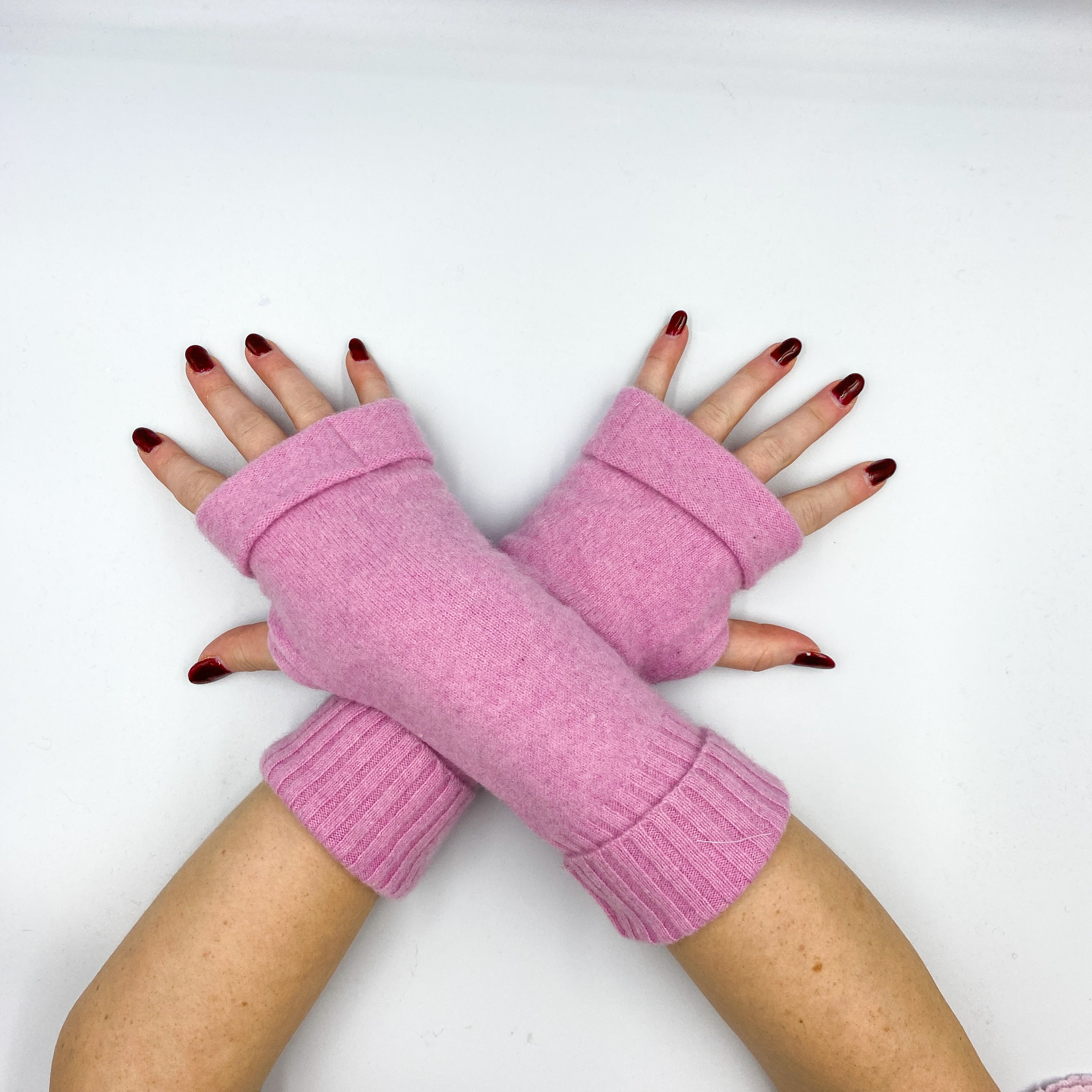 Candy Pink Ribbed Fingerless Gloves