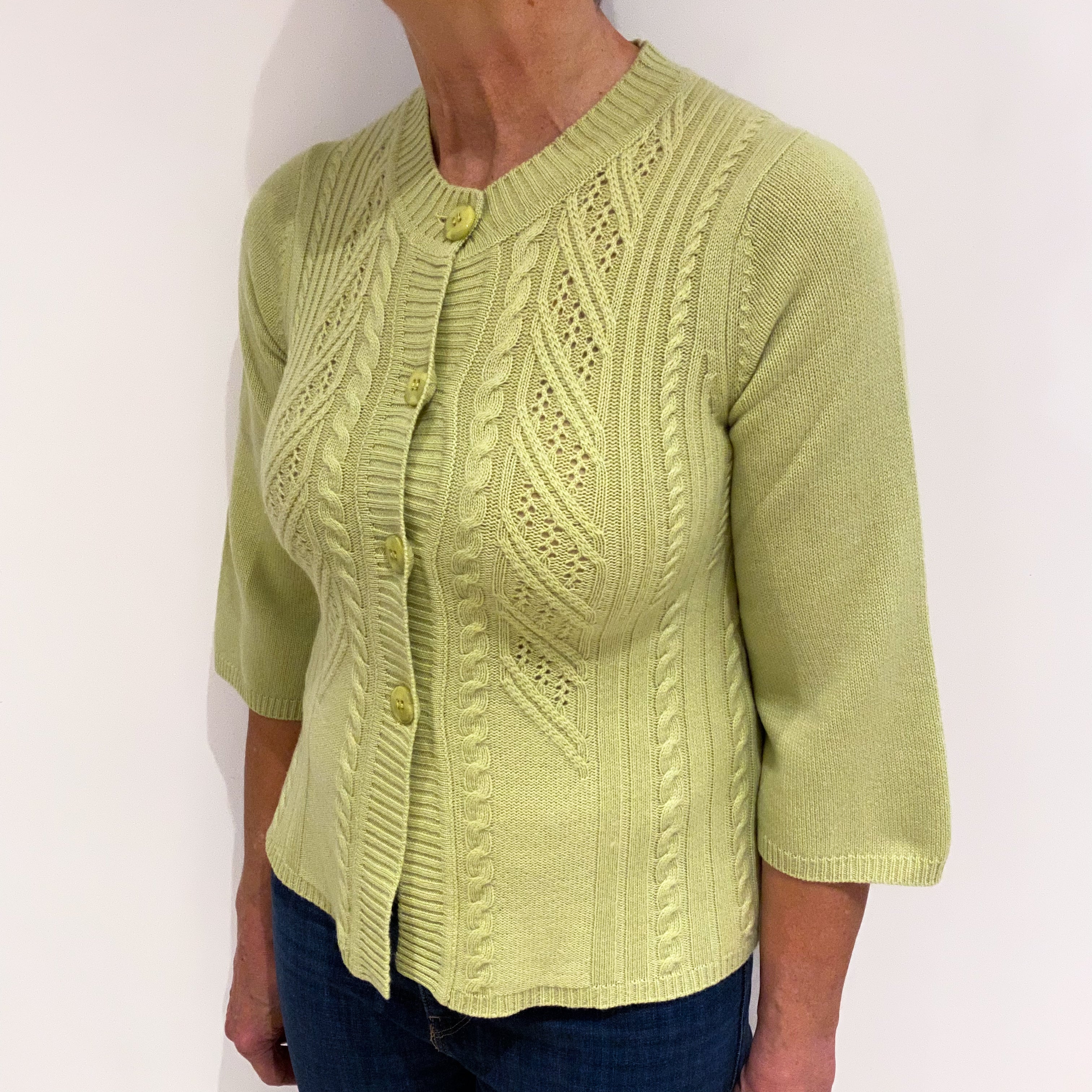 Pistachio Green Textured Cashmere Crew Neck Cardigan Medium