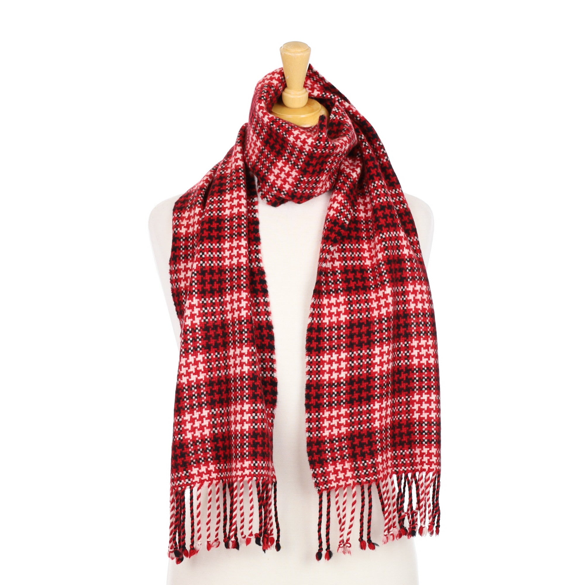 Red, Black and Cream Checked Cashmere Woven Scarf