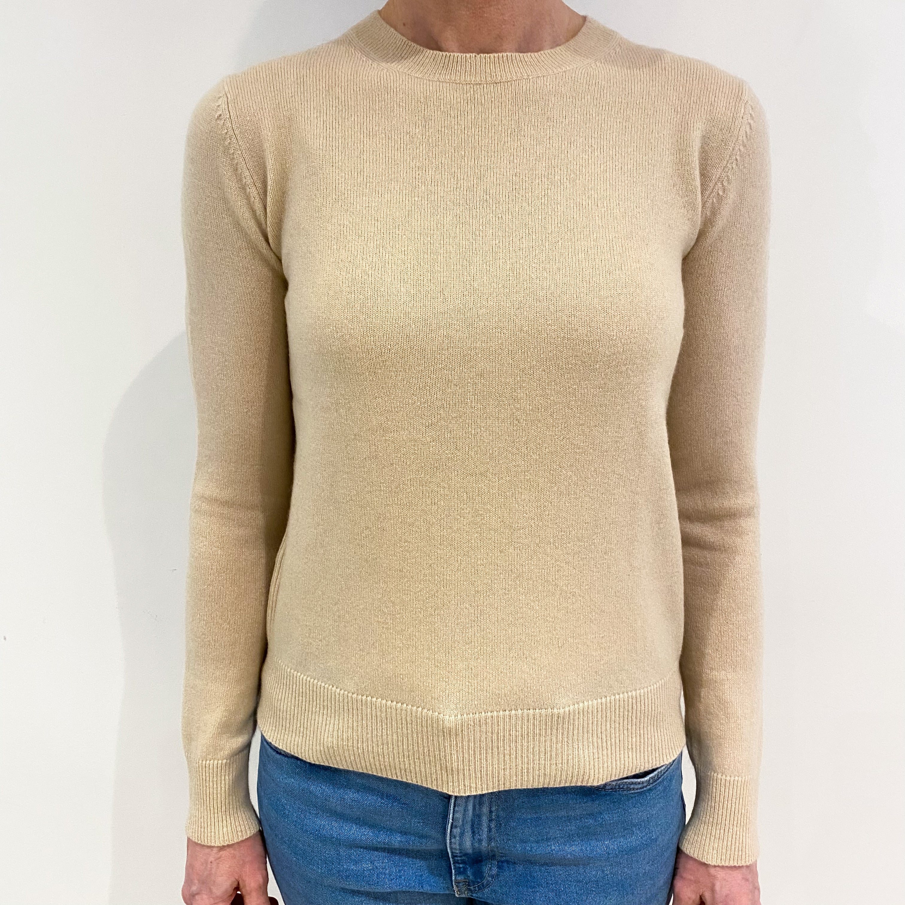 Sand Beige Cashmere Crew Neck Jumper with Petite Rib Detail on Sides Small