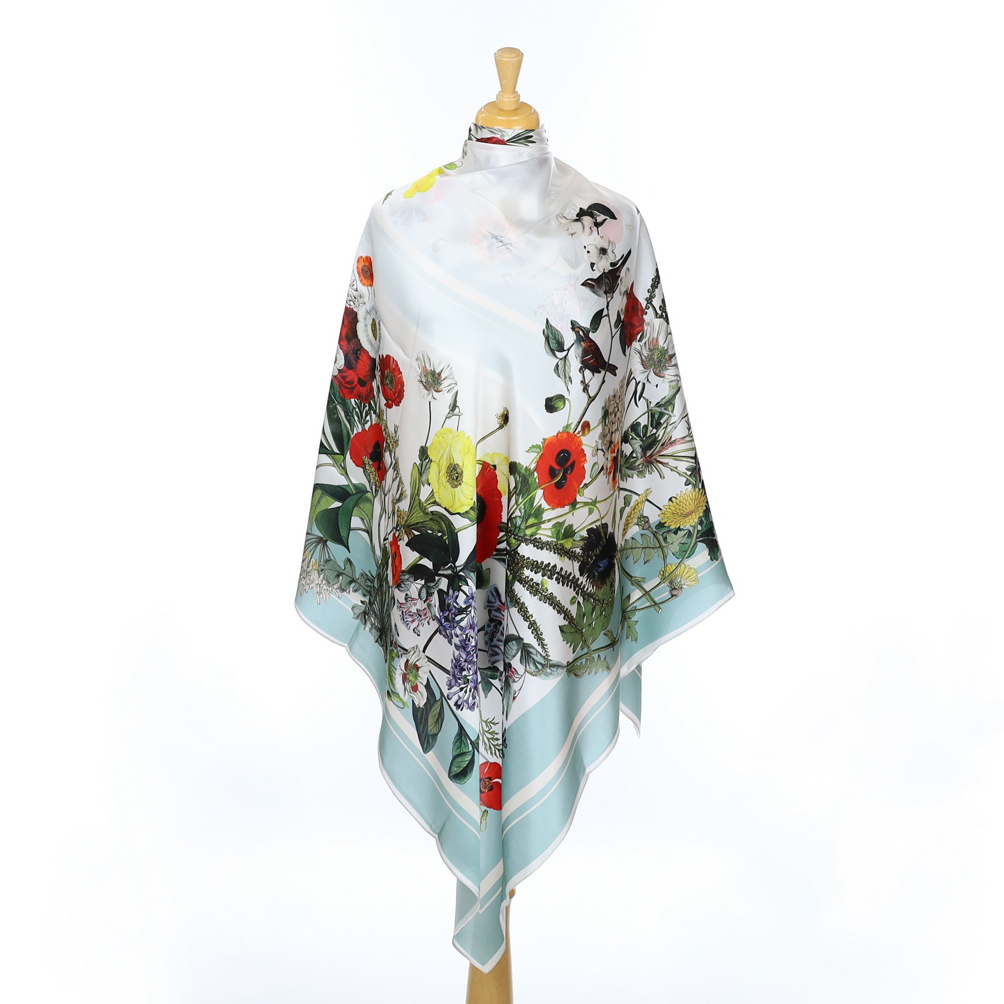 Brand New St Piece Aqua Edged Floral Silk Scarf