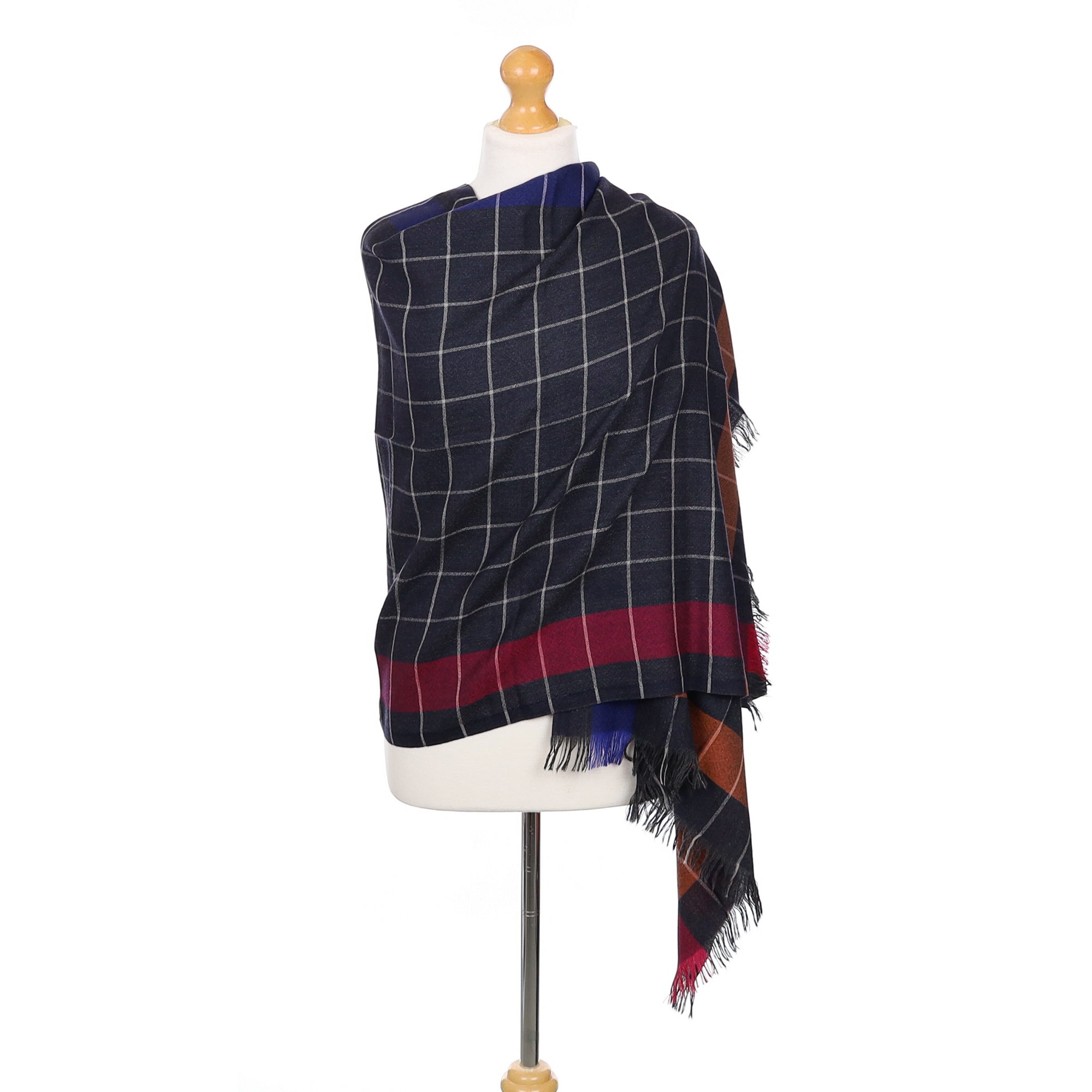 Scottish Begg & Co Blue and Grey Checked Fine Woven Cashmere Wrap