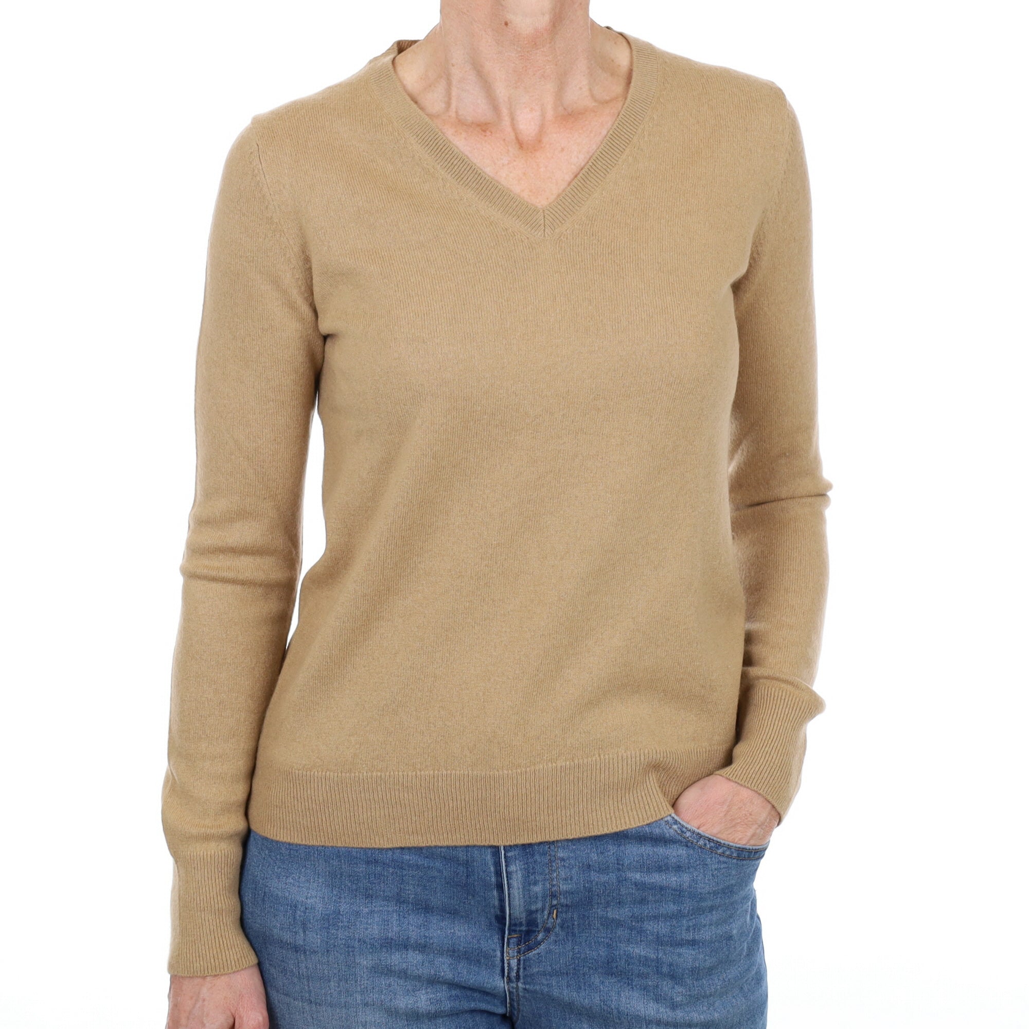 Caramel Brown Cashmere V Neck Jumper Small