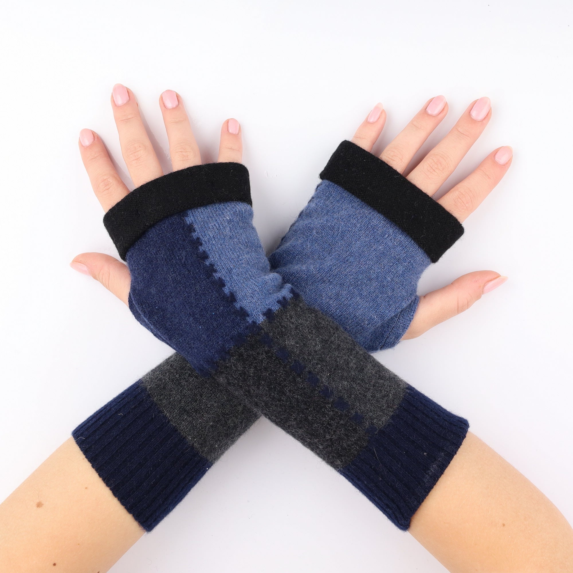 Blue Colour Block Fingerless Gloves