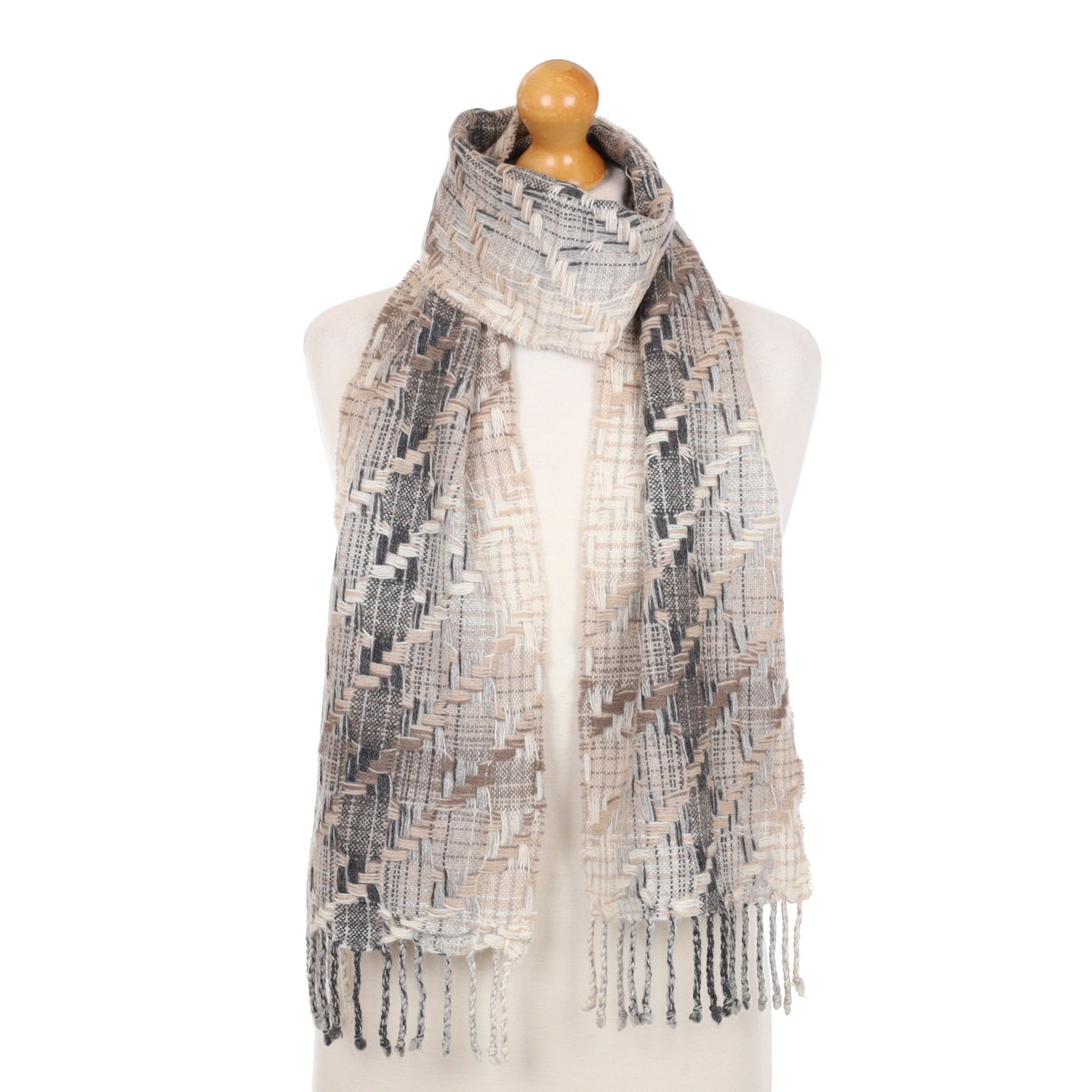 Grey and Beige Textured Cashmere Fringed Woven Scarf