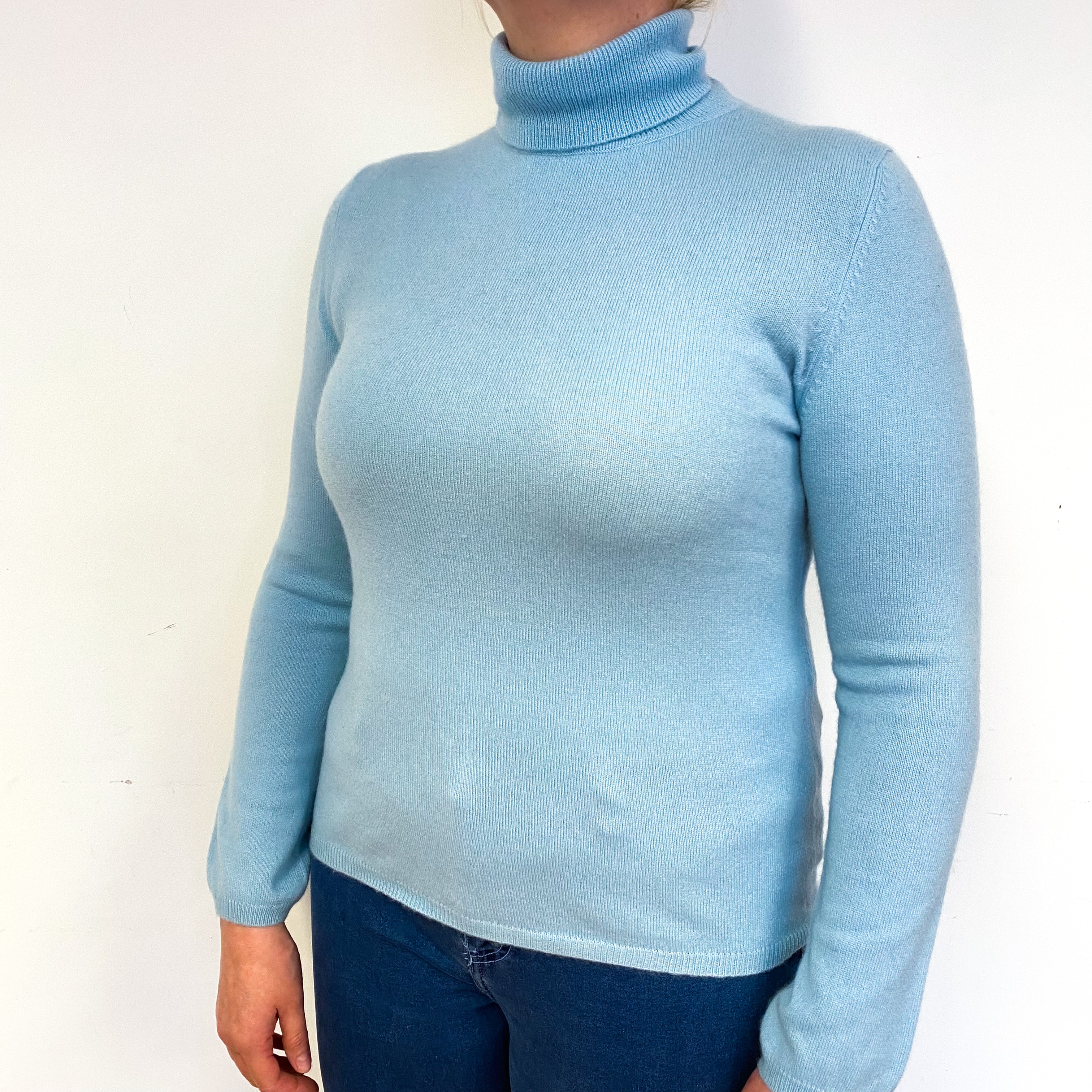 Pale Mint Blue Cashmere Polo Neck Jumper Large