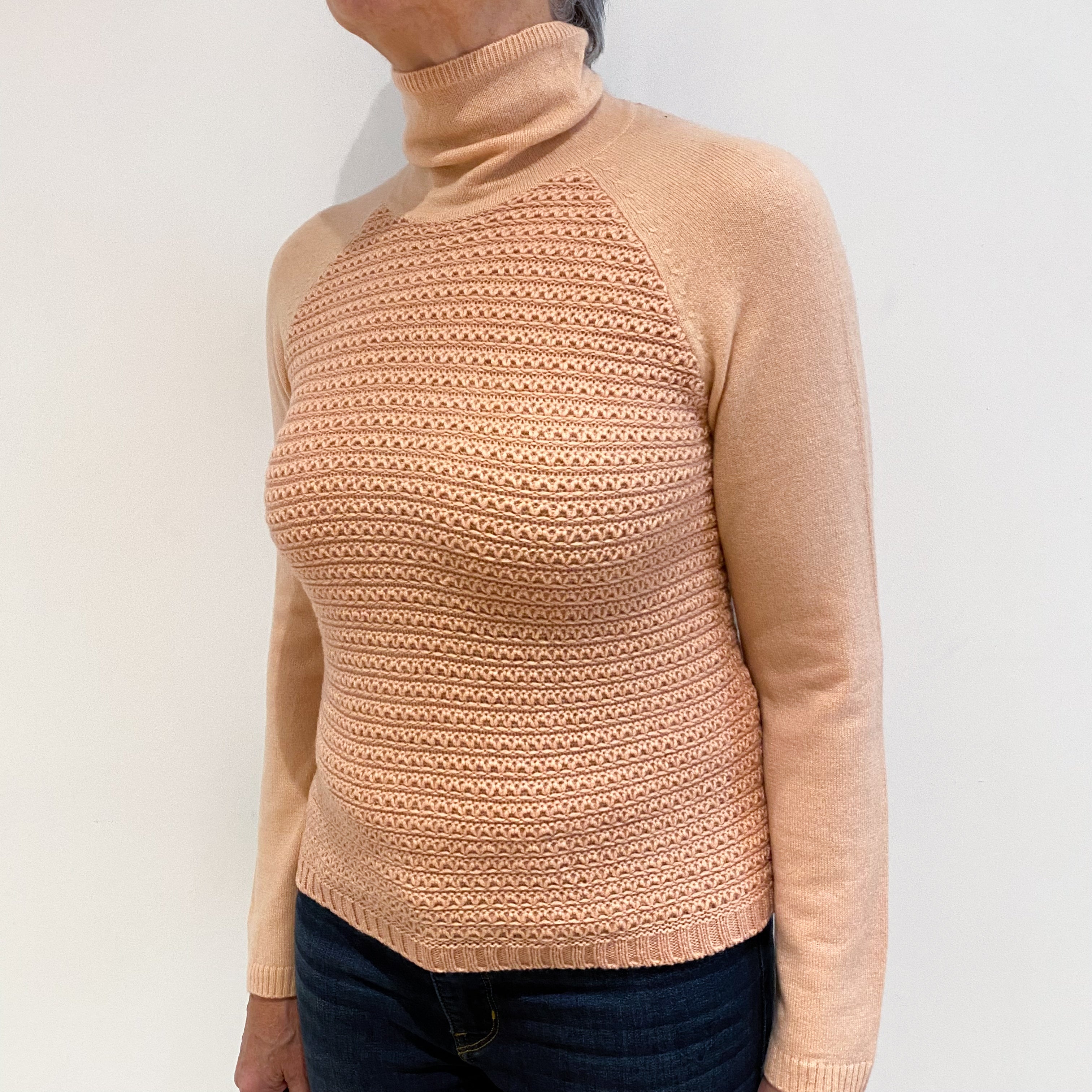 Peachy Pink Textured Cashmere Turtle Neck Jumper Medium