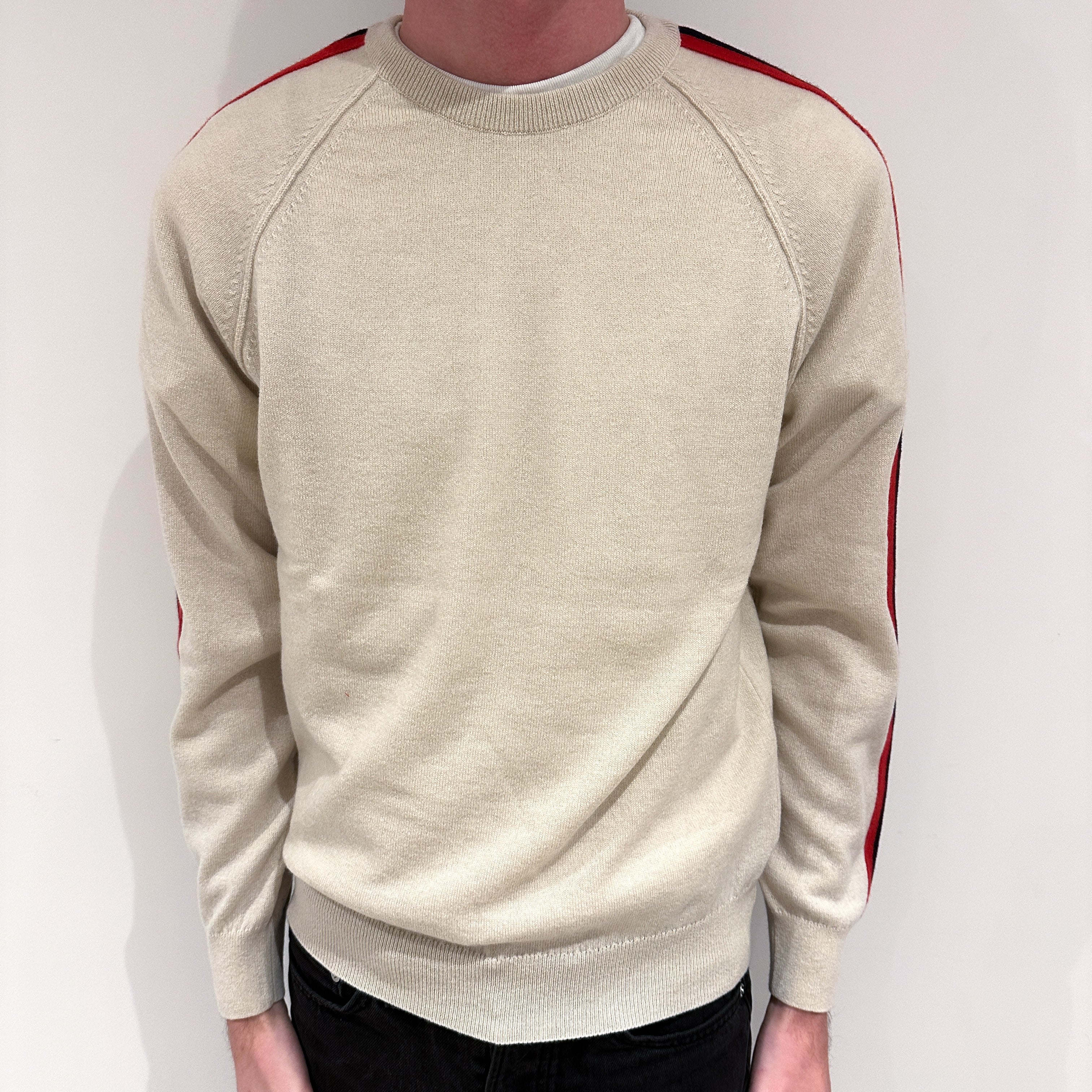 Men's Brand New Scottish Oatmeal Cream Stripe Cashmere Crew Neck Jumper Small