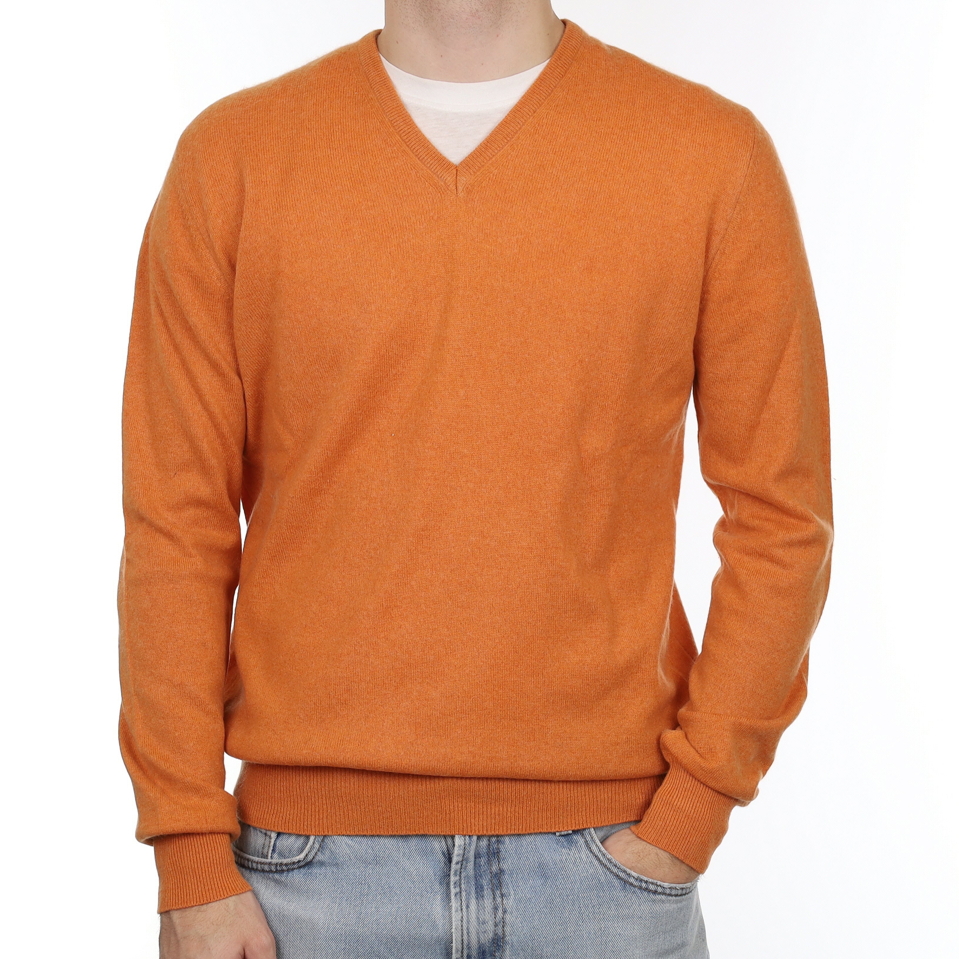 Men's Sunset Orange Cashmere V Neck Jumper Large