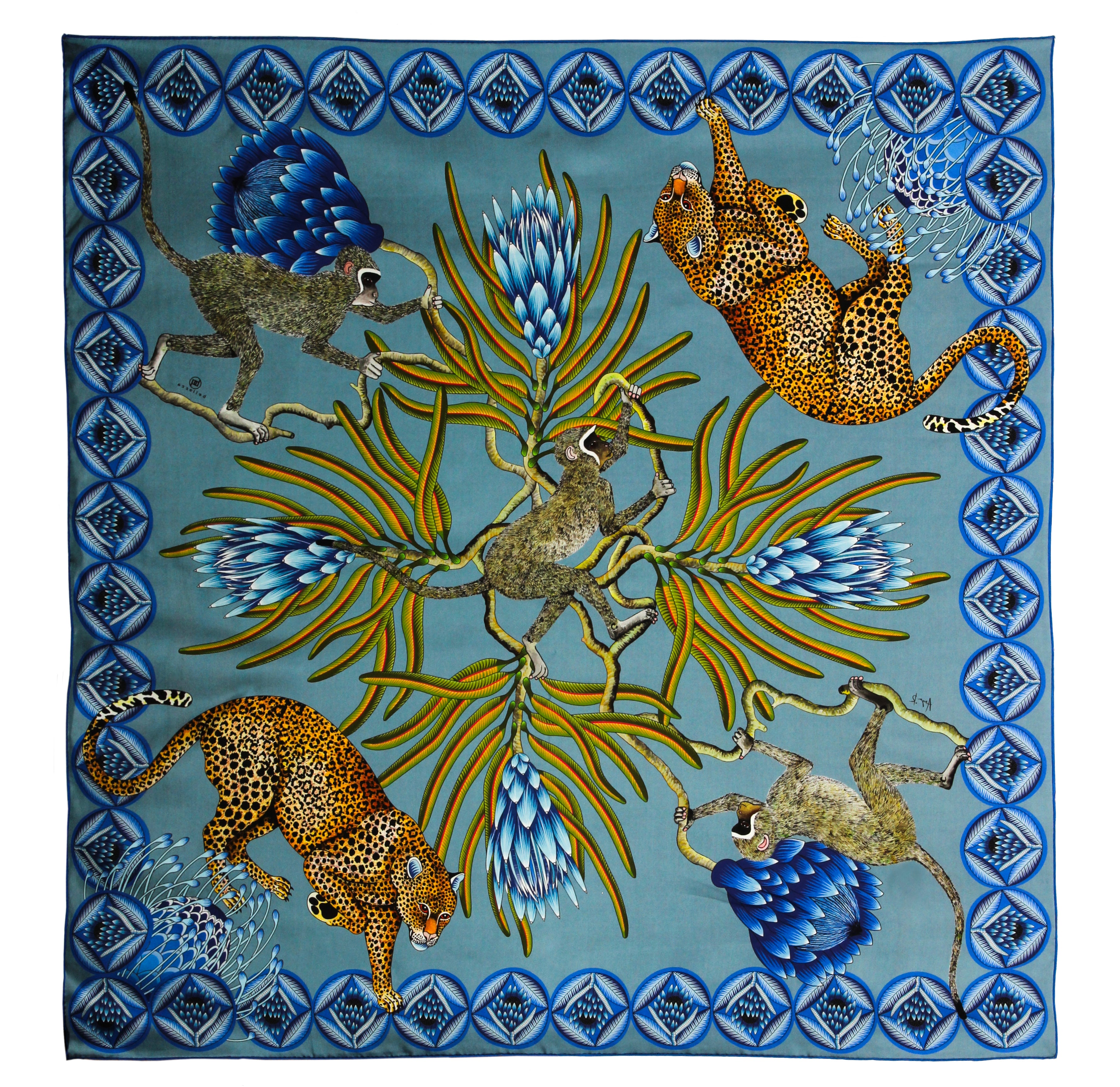 Brand New Bellezza Black & Blue Leopard Safari Double Faced Silk Scarf Extra Large