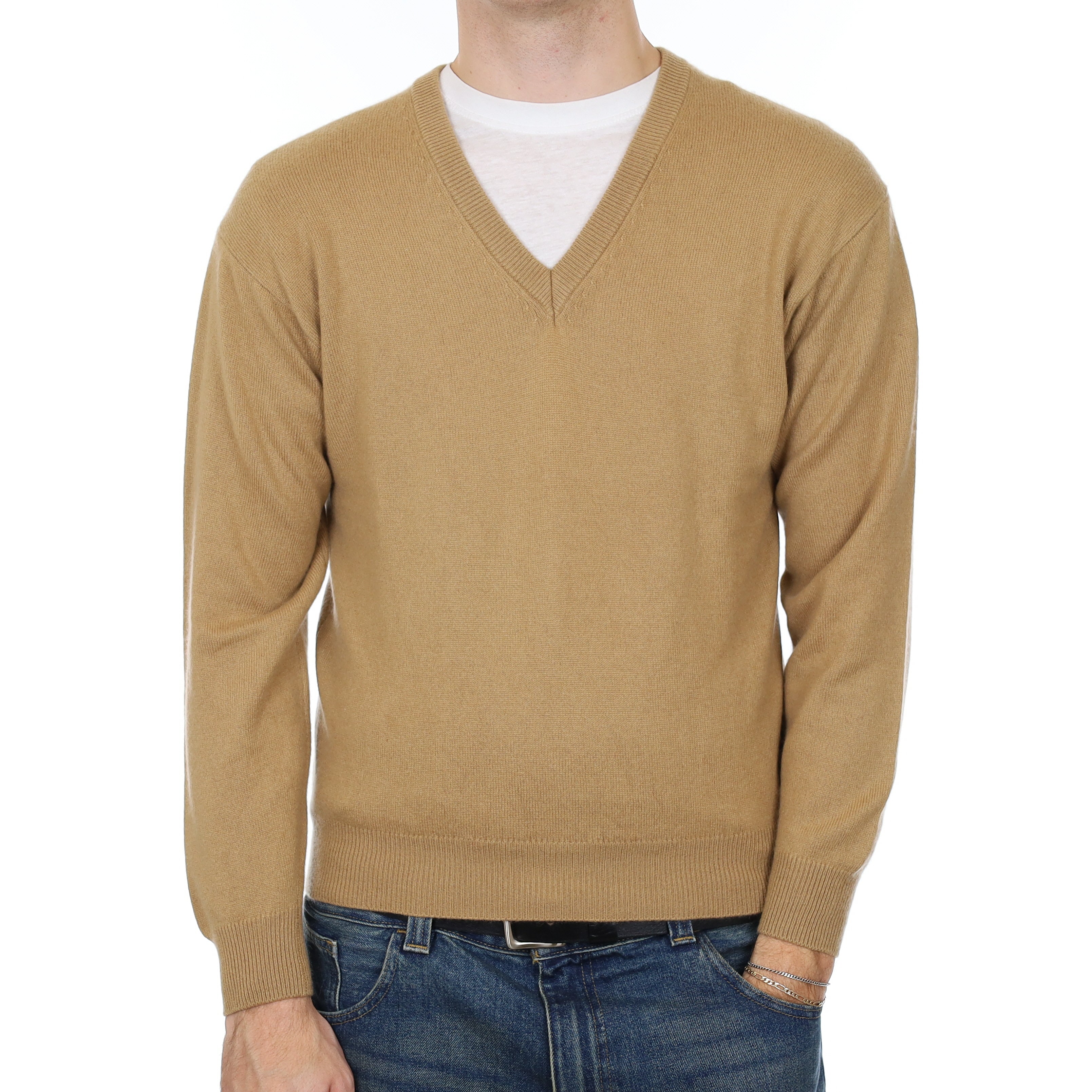 Men’s Camel Brown Cashmere V Neck Jumper Medium