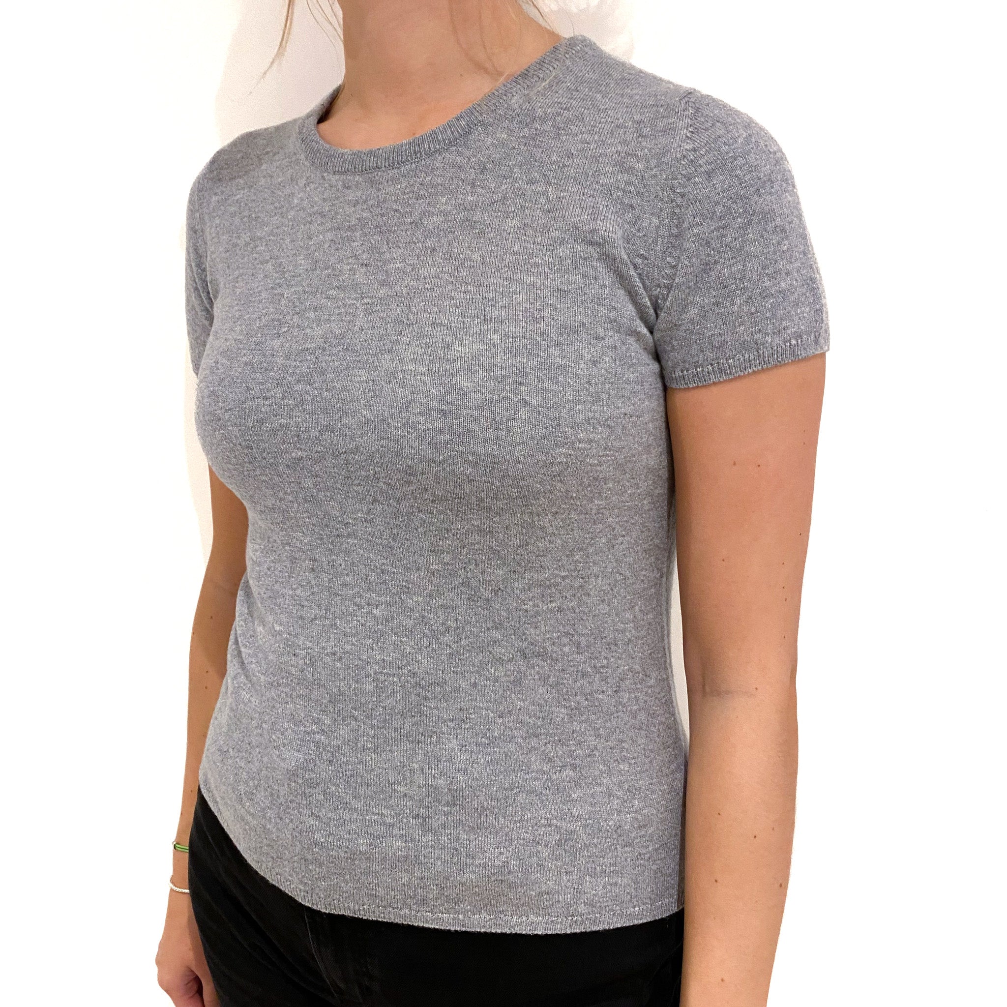 Brand New Scottish Smoke Grey Short Sleeved Cashmere Crew Neck Jumper XS