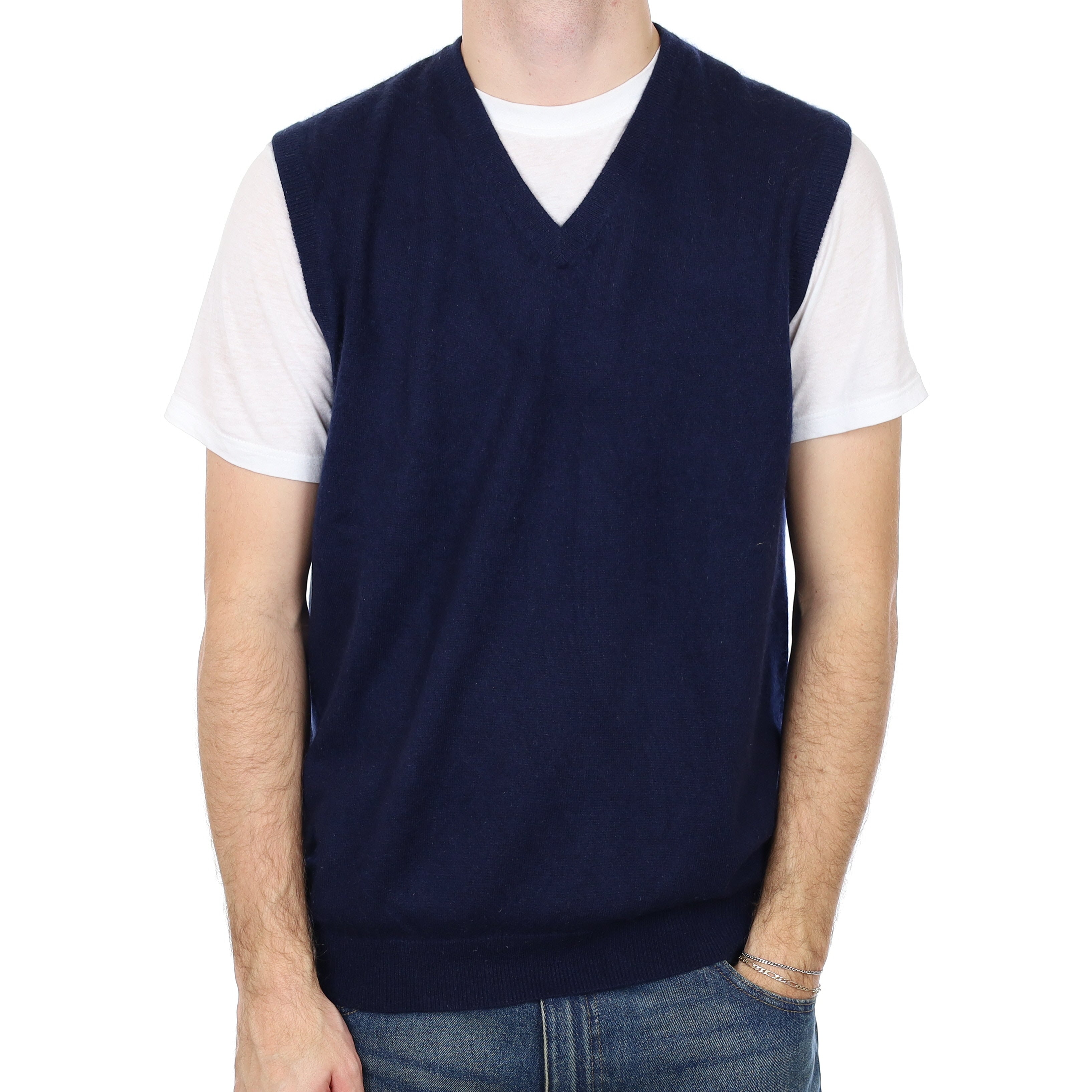 Men’s Navy Cashmere V Neck Tank Top Large
