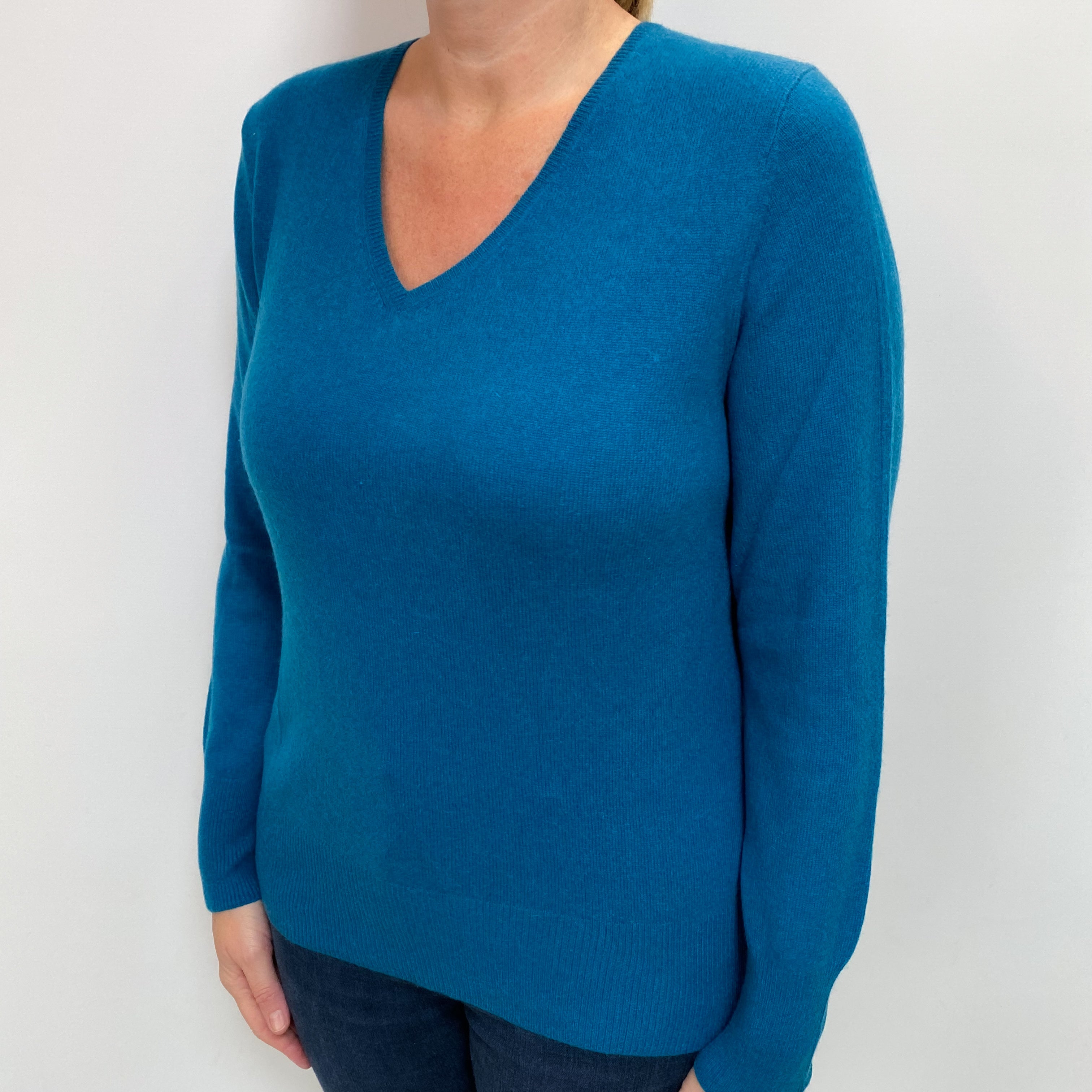 Marine Blue Cashmere V Neck Jumper Large