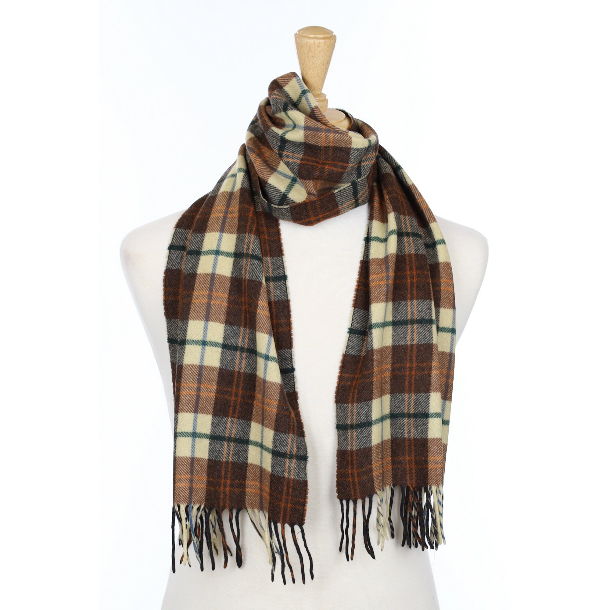 Italian Brown and Bottle Green check Fringed Cashmere Woven Scarf