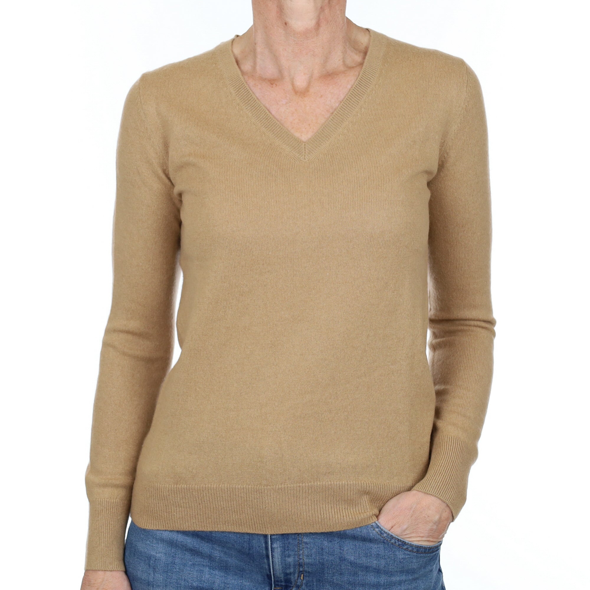 Caramel Brown Cashmere V Neck Jumper Small