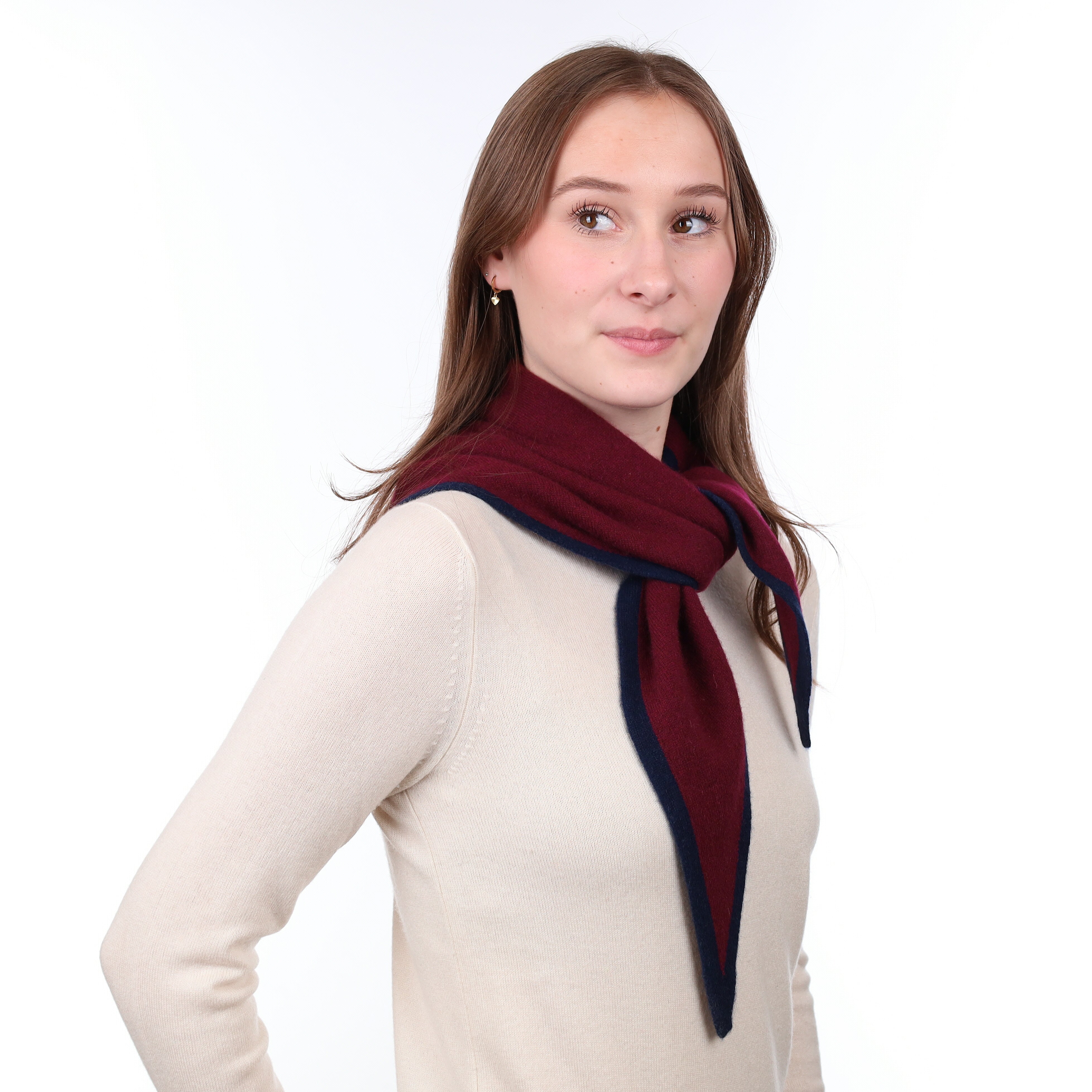Brand New Rich Wine and Navy Recycled Cashmere Triangle Scarf
