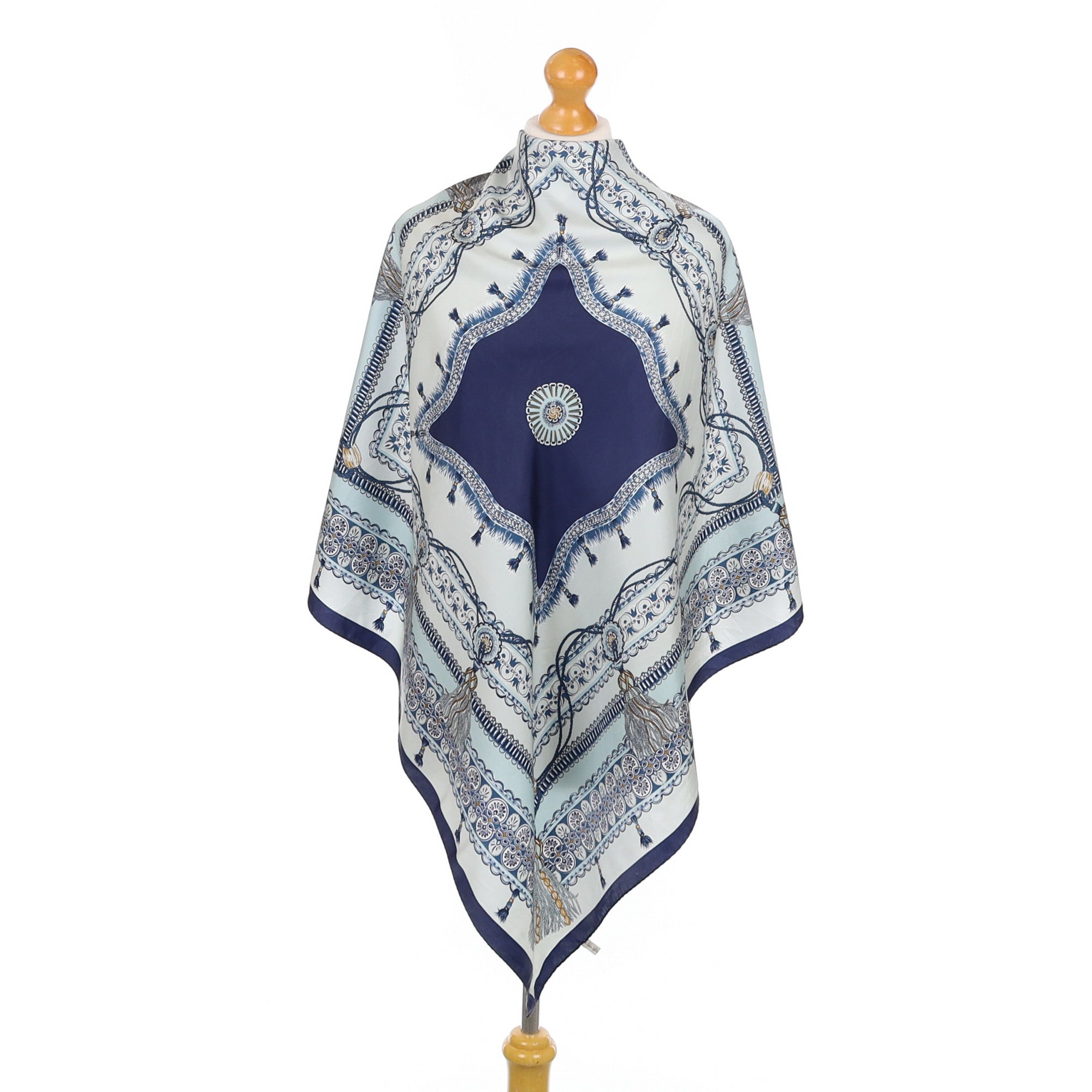 Large Blue Ornate Tassle Design Silk Scarf