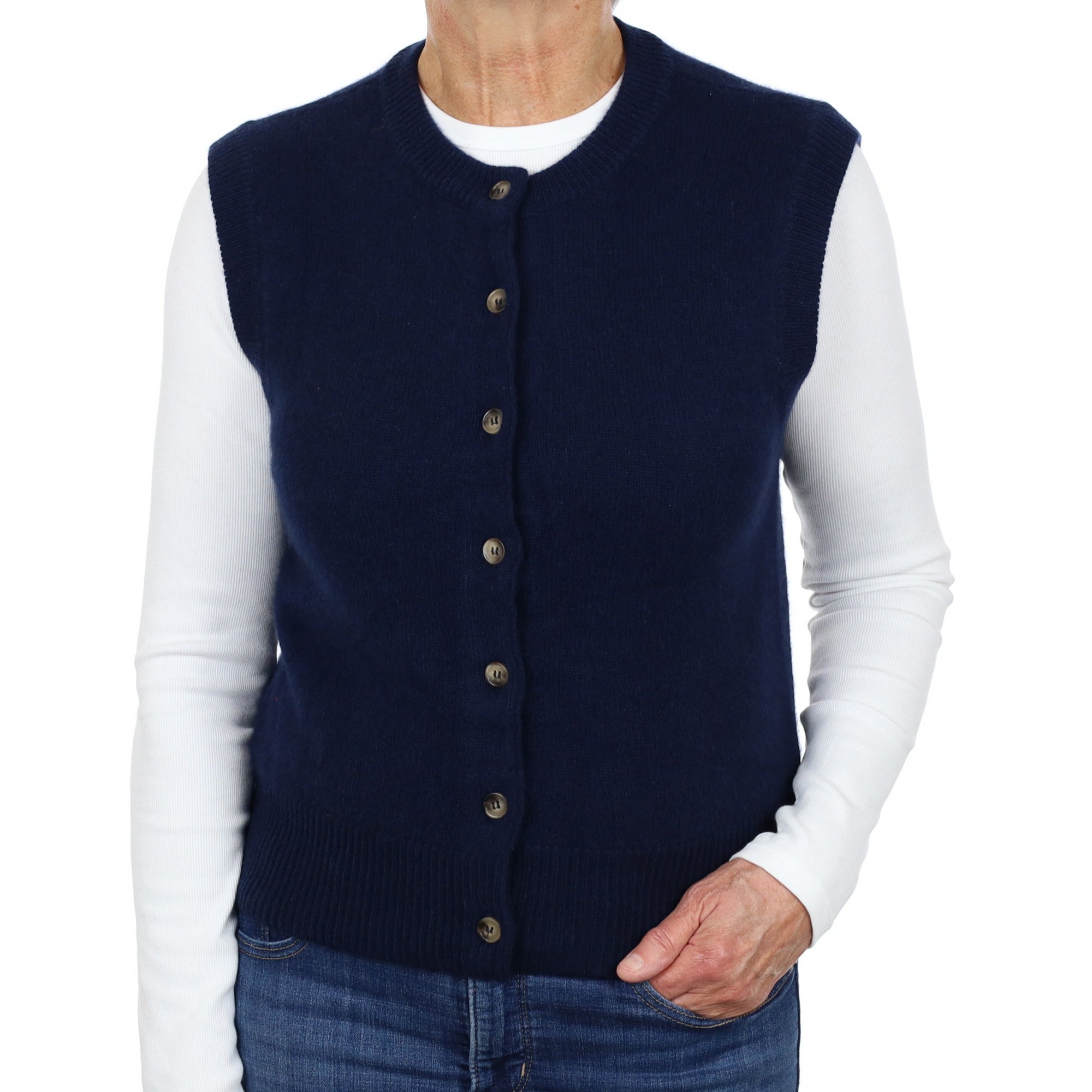 Brand New Navy Luxury Cashmere Crew Neck Waistcoat Medium UK 12-14