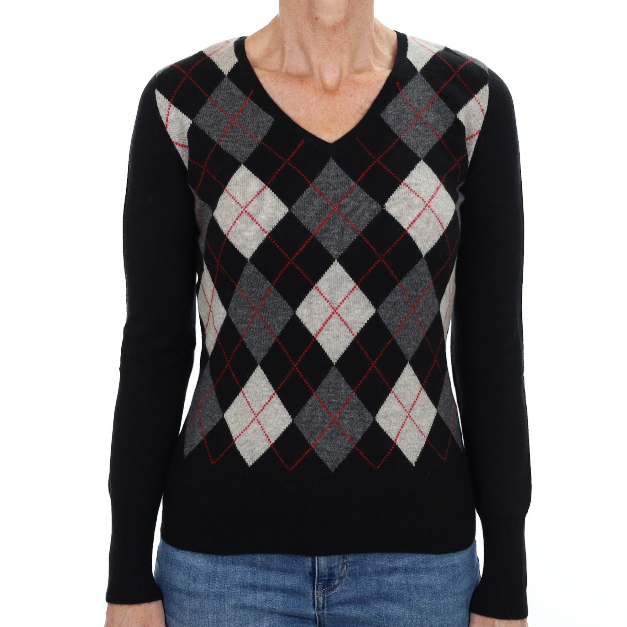 Black Argyle Cashmere V Neck Jumper Small