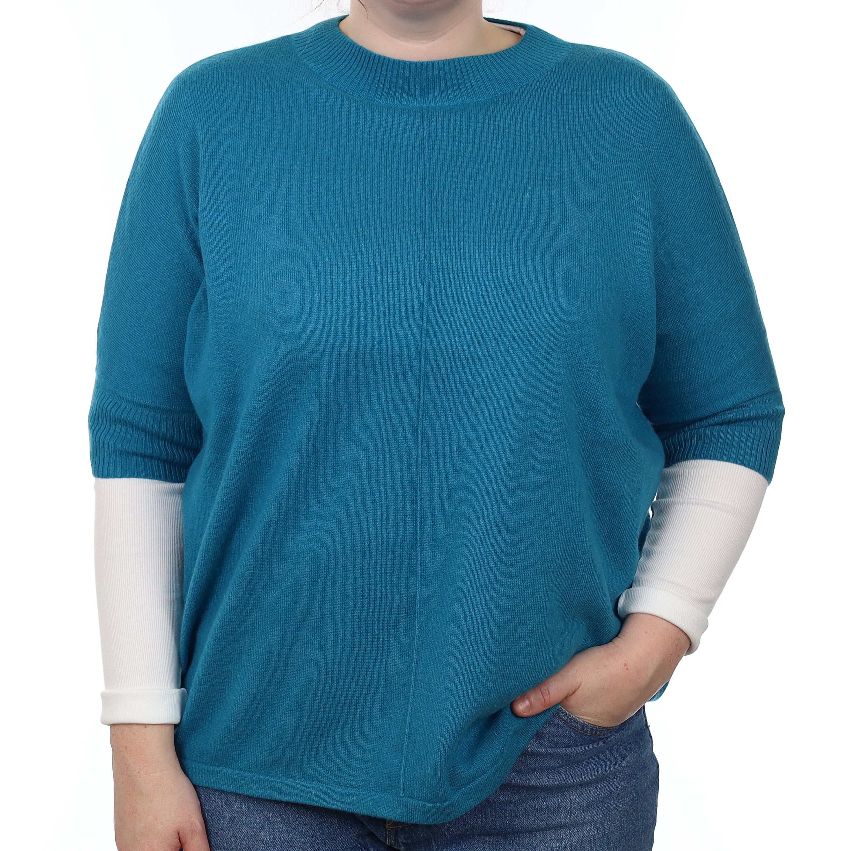 Turquoise Blue Cashmere Batwing Short Sleeved Crew Neck Jumper Large