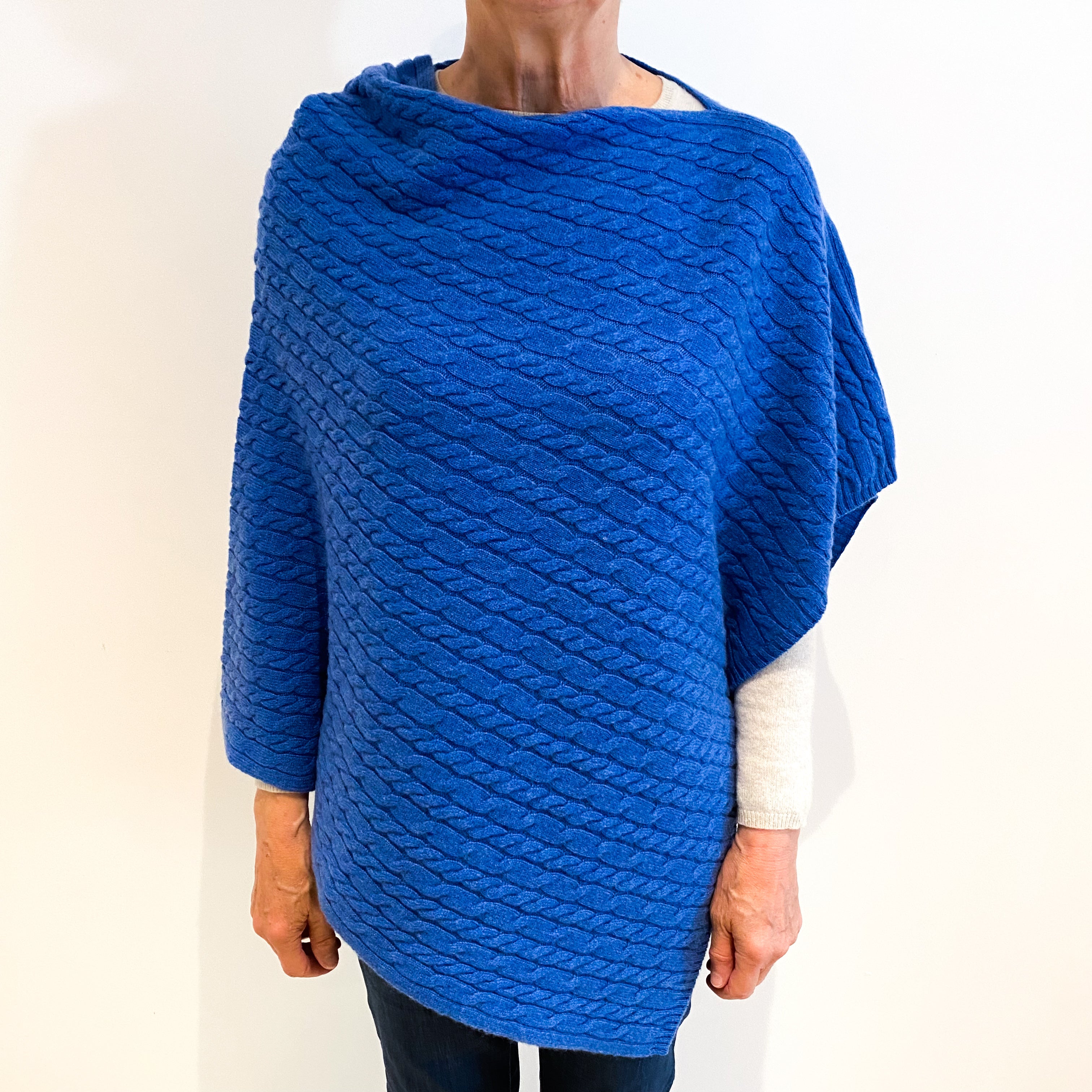 Brand New Scottish Azure Blue Cashmere Cable Poncho One Size