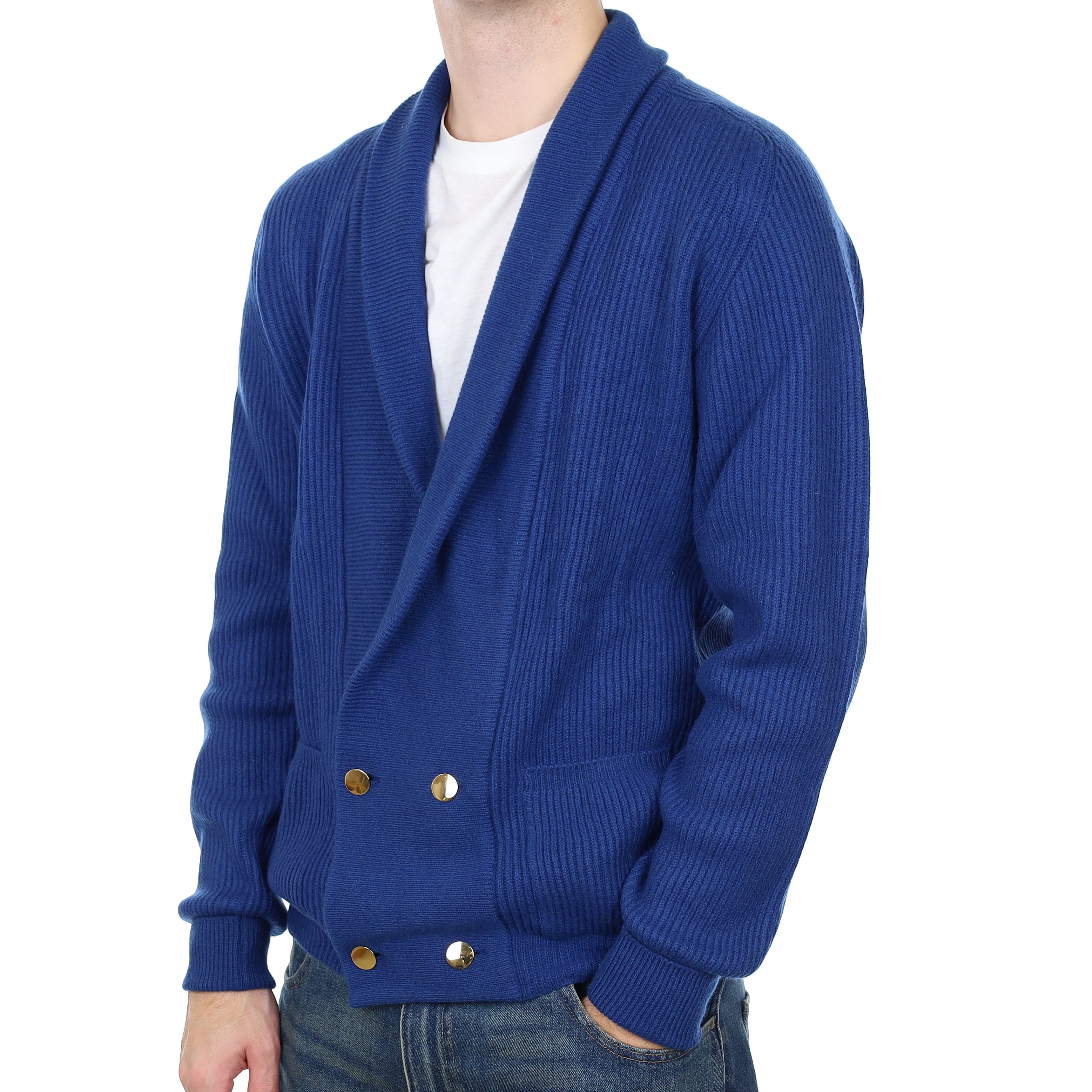 Men’s Vintage Scottish Blue Cashmere Chunky Shawl Collar Cardigan Large