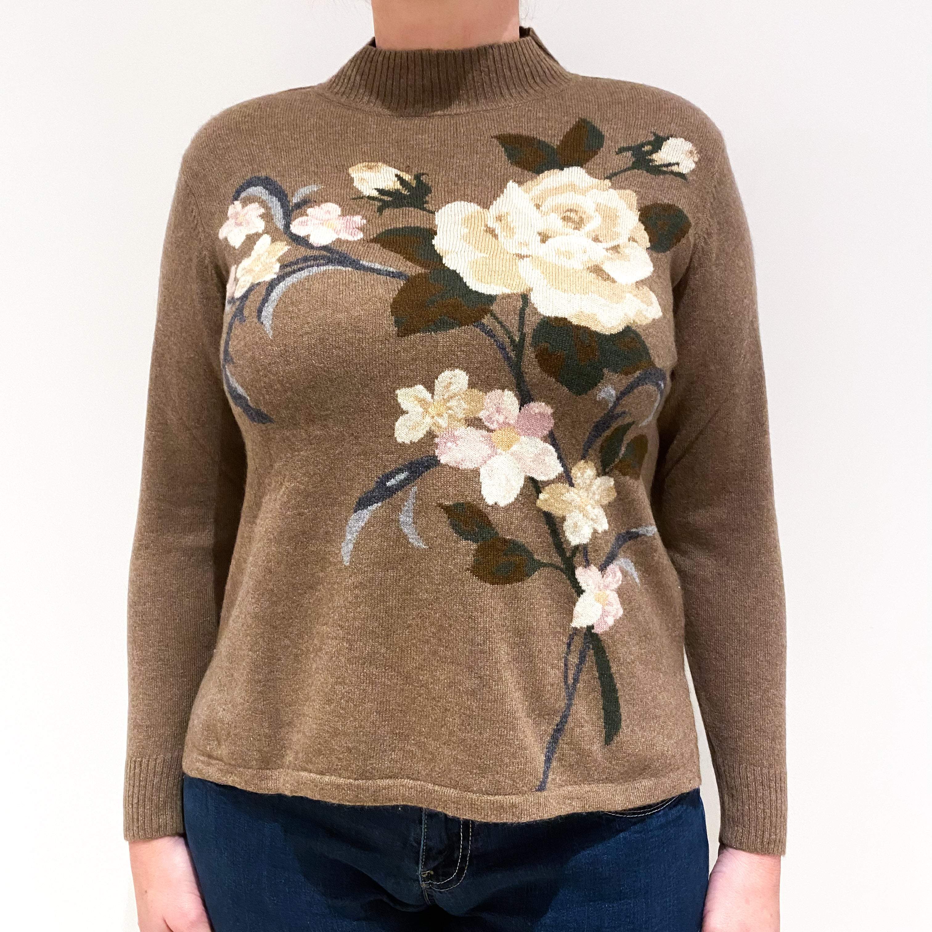 Fudge Brown Floral Design Cashmere Turtle Neck Jumper Large